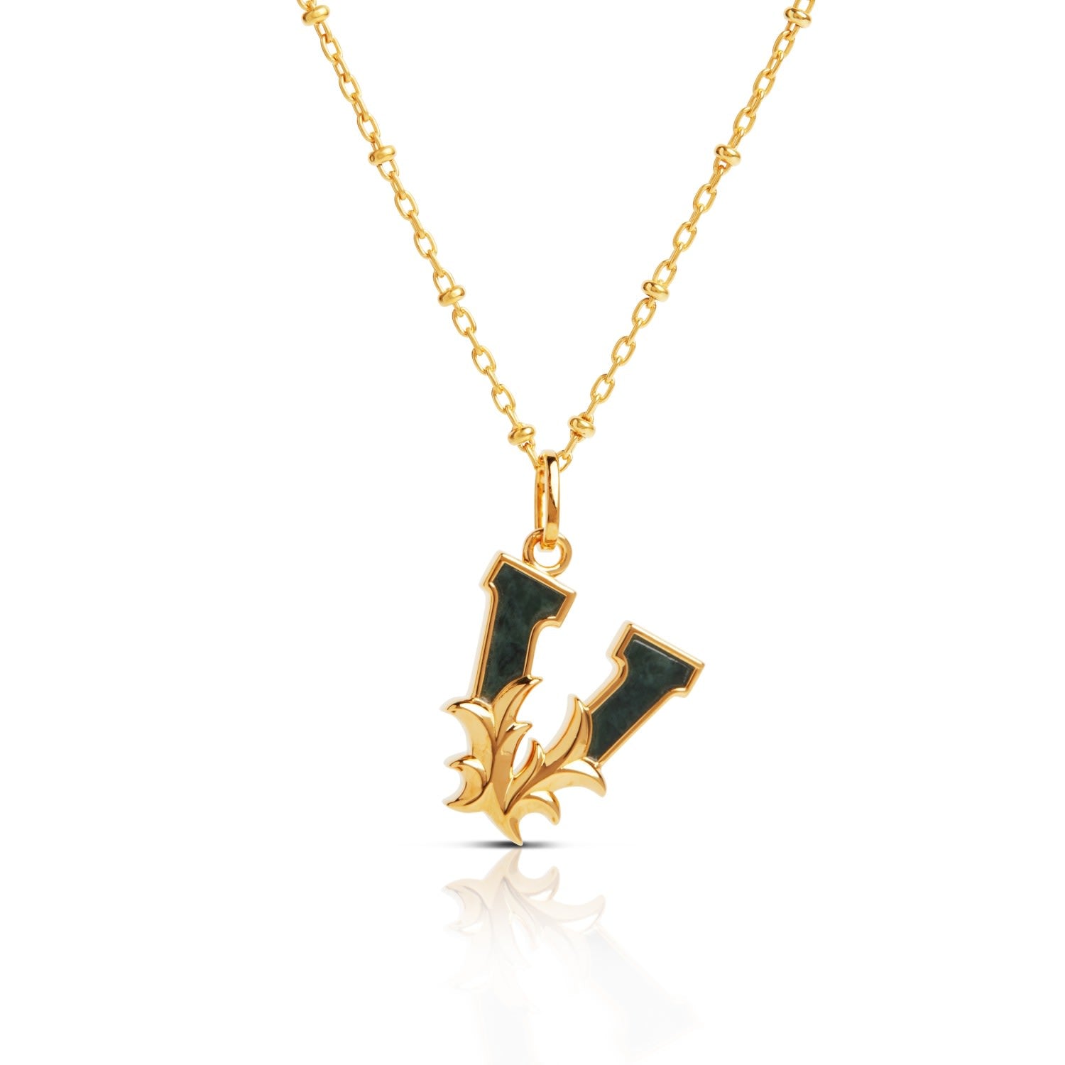 Gold Plated V Initial Necklace With Green Marble