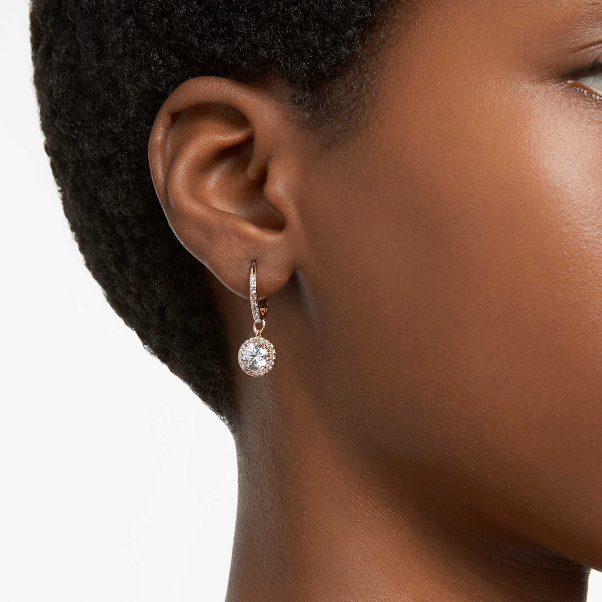 UNA ANGELIC DROP EARRINGS ROUND CUT PAVE WHITE ROSE GOLD TONE PLATED