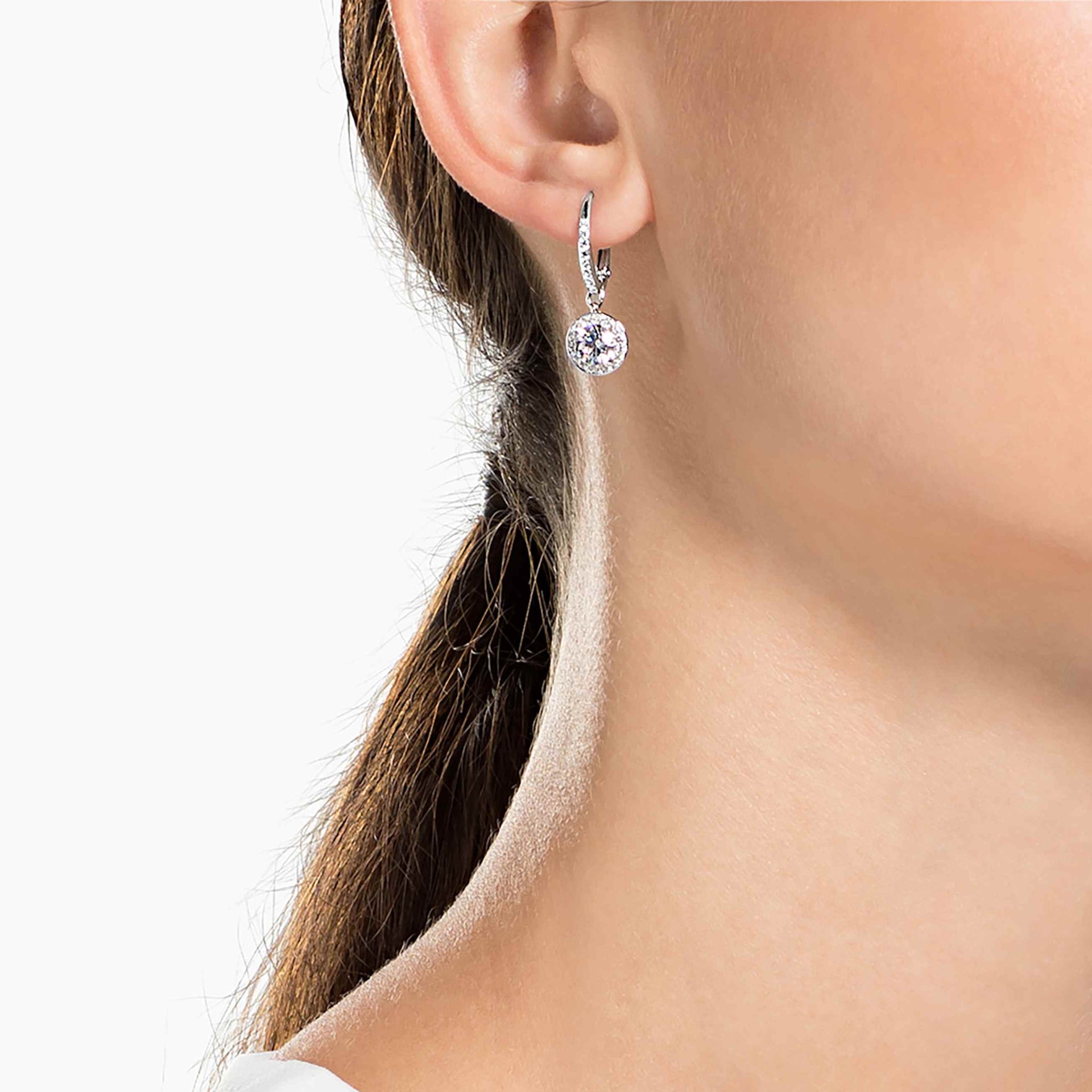 UNA ANGELIC DROP EARRINGS ROUND CUT WHITE RHODIUM PLATED