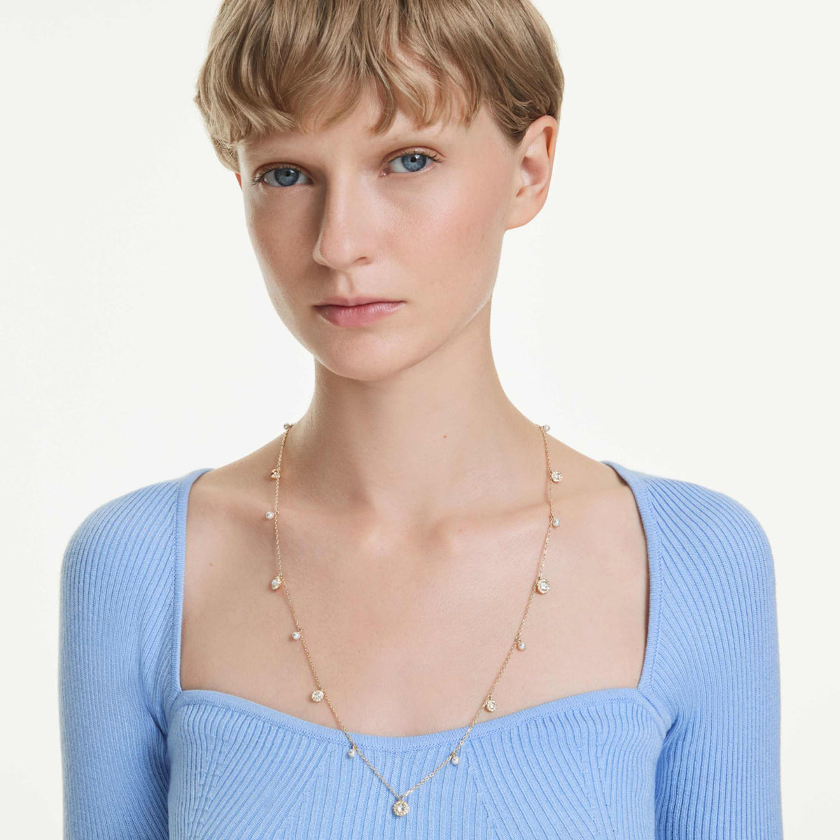 UNA ANGELIC STRANDAGE CRYSTAL PEARL ROUND CUT WHITE GOLD TONE PLATED
