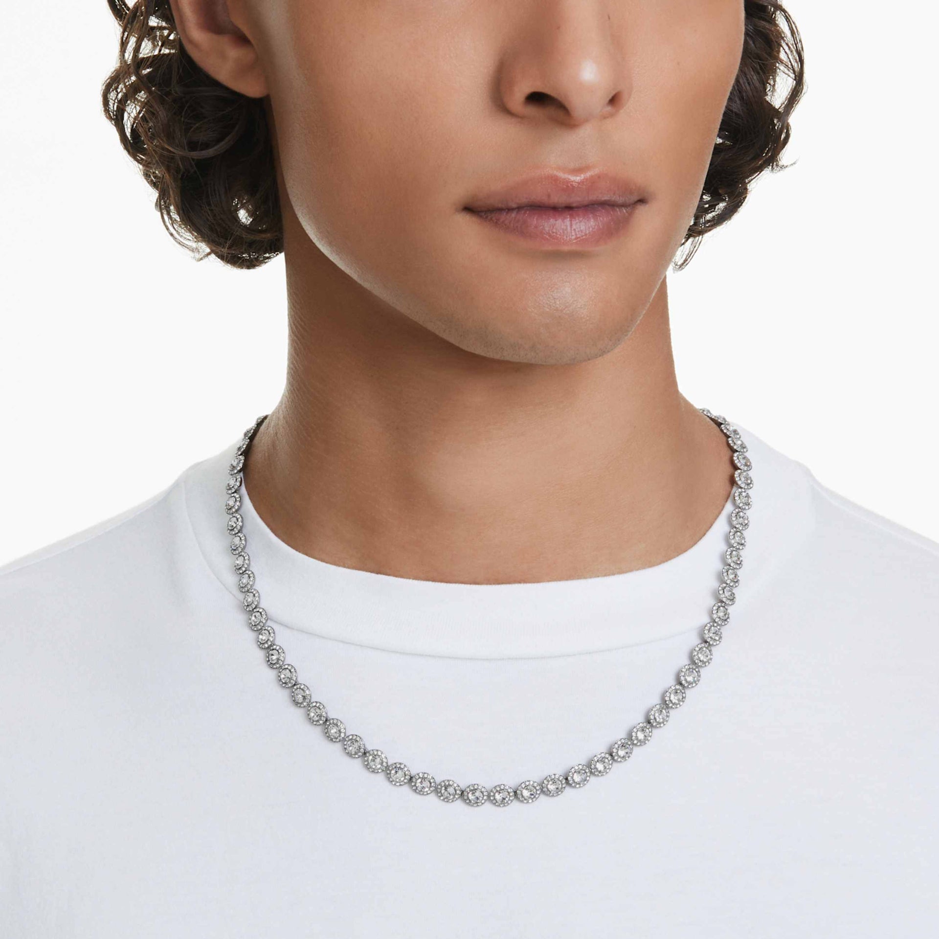 UNA ANGELIC TENNIS NECKLACE ROUND CUT LONG WHITE RUTHENIUM PLATED
