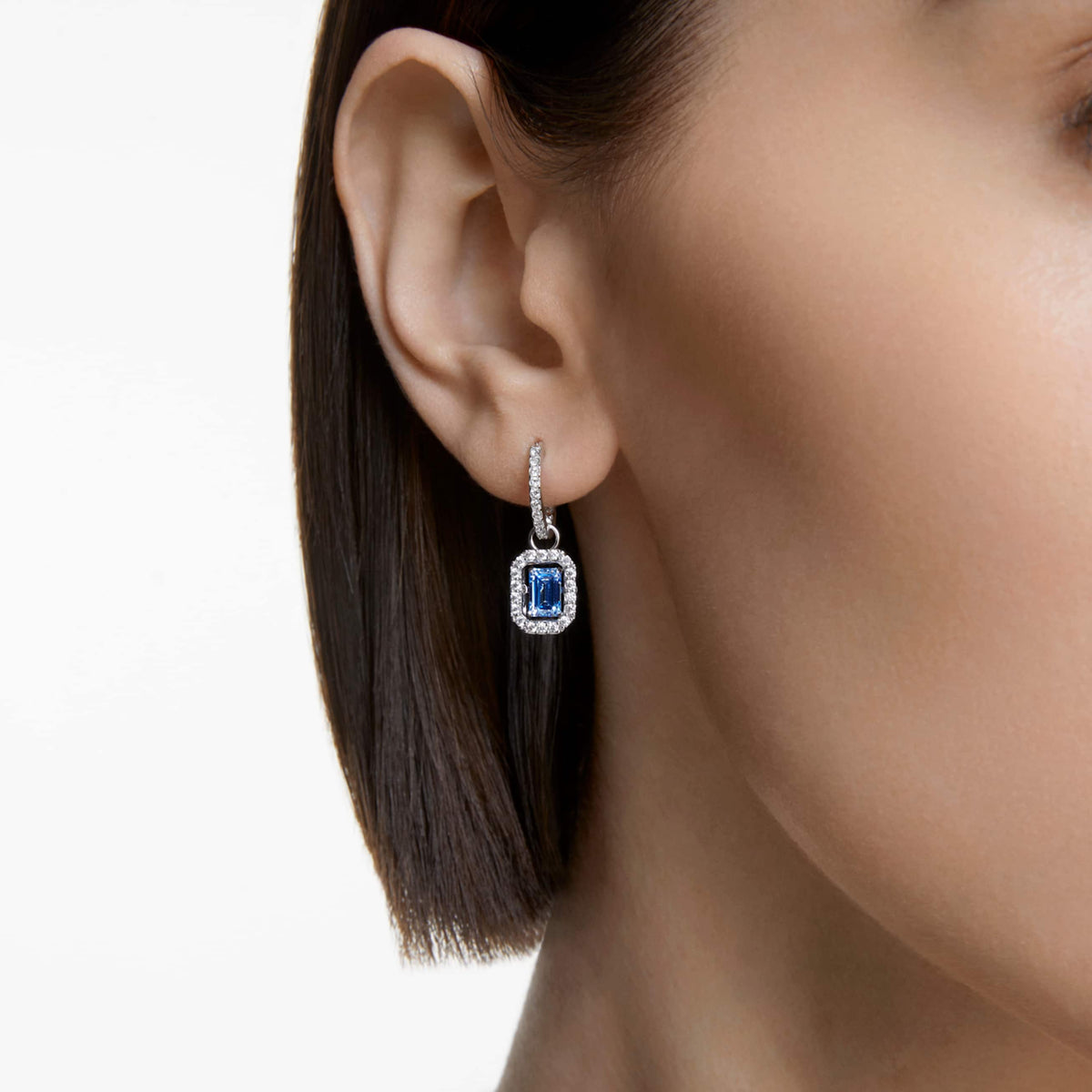 UNA DROP EARRINGS OCTAGON CUT BLUE RHODIUM PLATED
