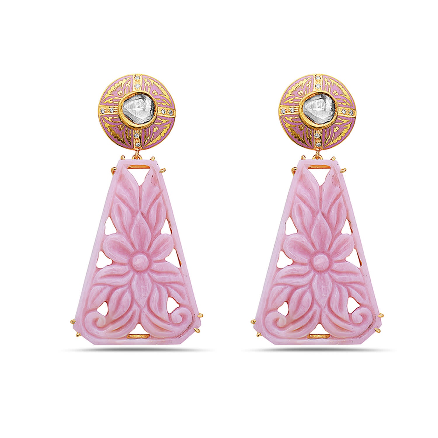 Uncut Diamond & Carved Opal Drop Earrings In 18K Yellow Gold