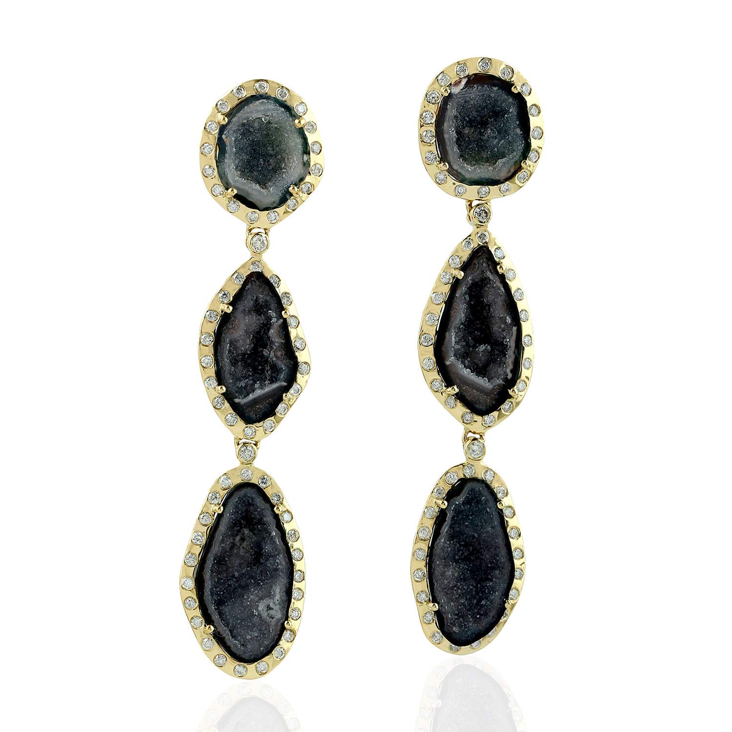 Uneven Geode Gemstone & Diamond In Gold Dangle Earrings