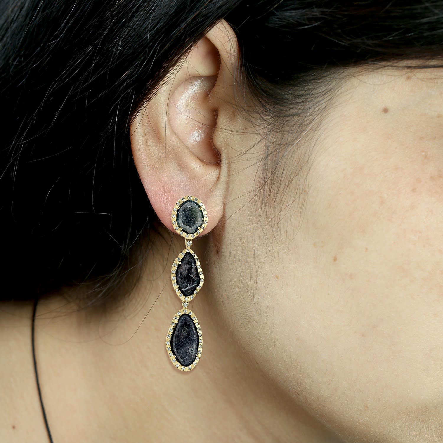 Uneven Geode Gemstone & Diamond In Gold Dangle Earrings