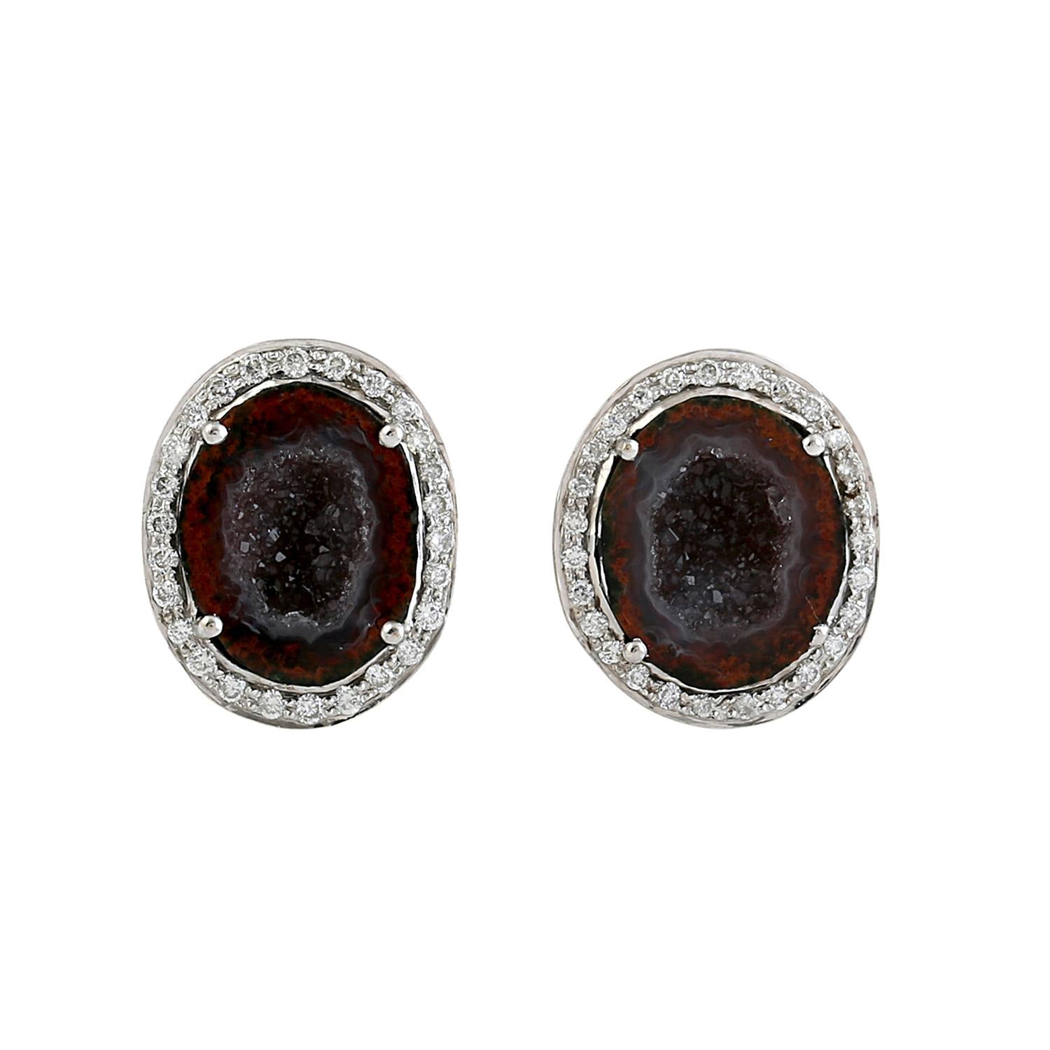 Uneven Geode Gemstone & Diamond Stud Earrings In White Gold