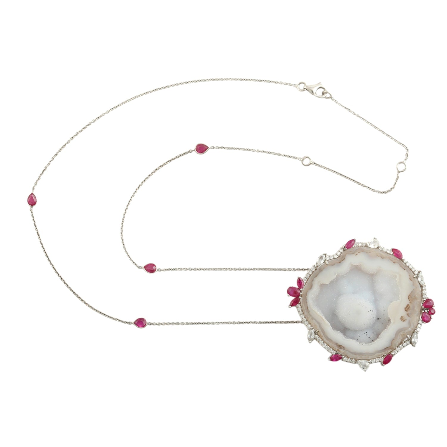 Uneven Geode & Ruby With Sapphire Diamond Choker Necklace In White Gold