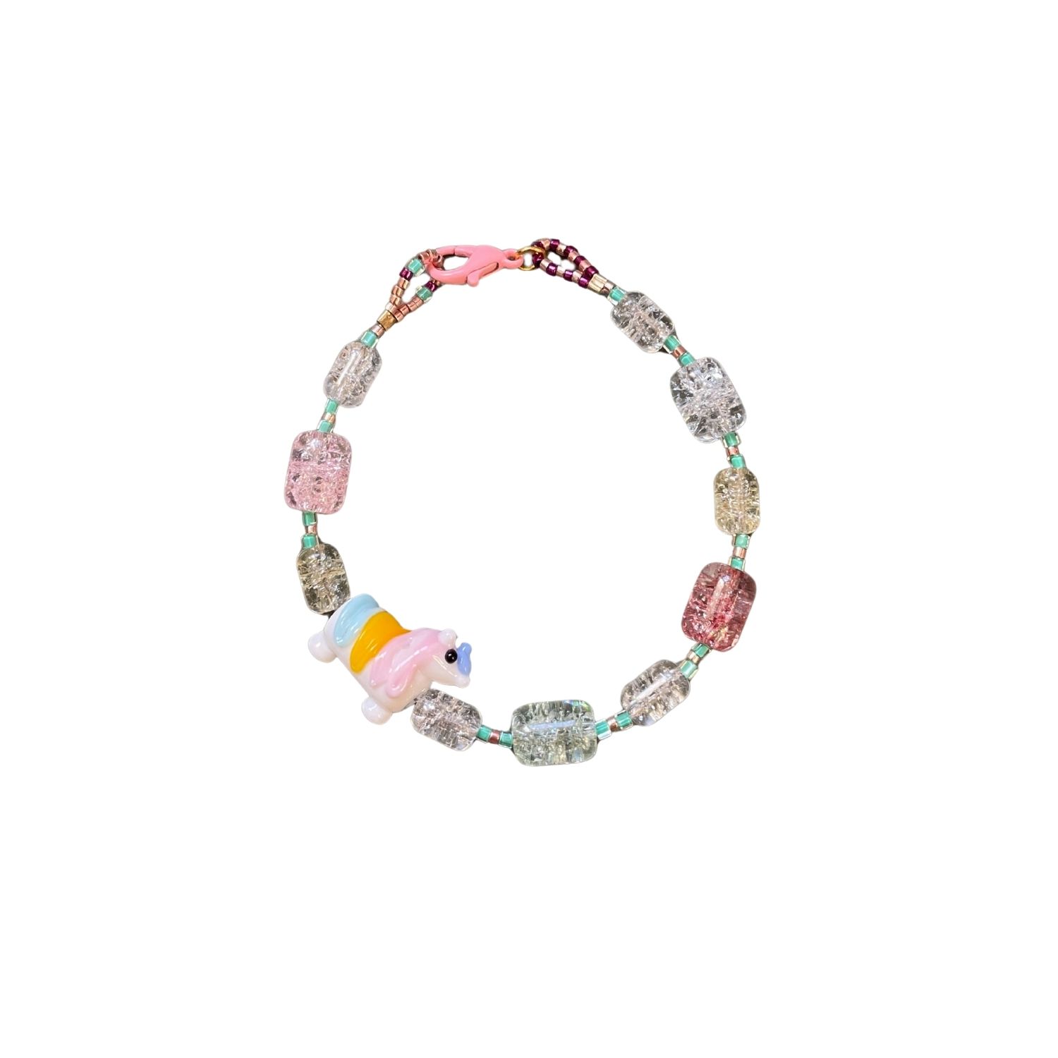 Unicorn – Pink Toned Beaded Bracelet With Murano Glass Unicorn Charm, Miyuki Beads & Gemstones