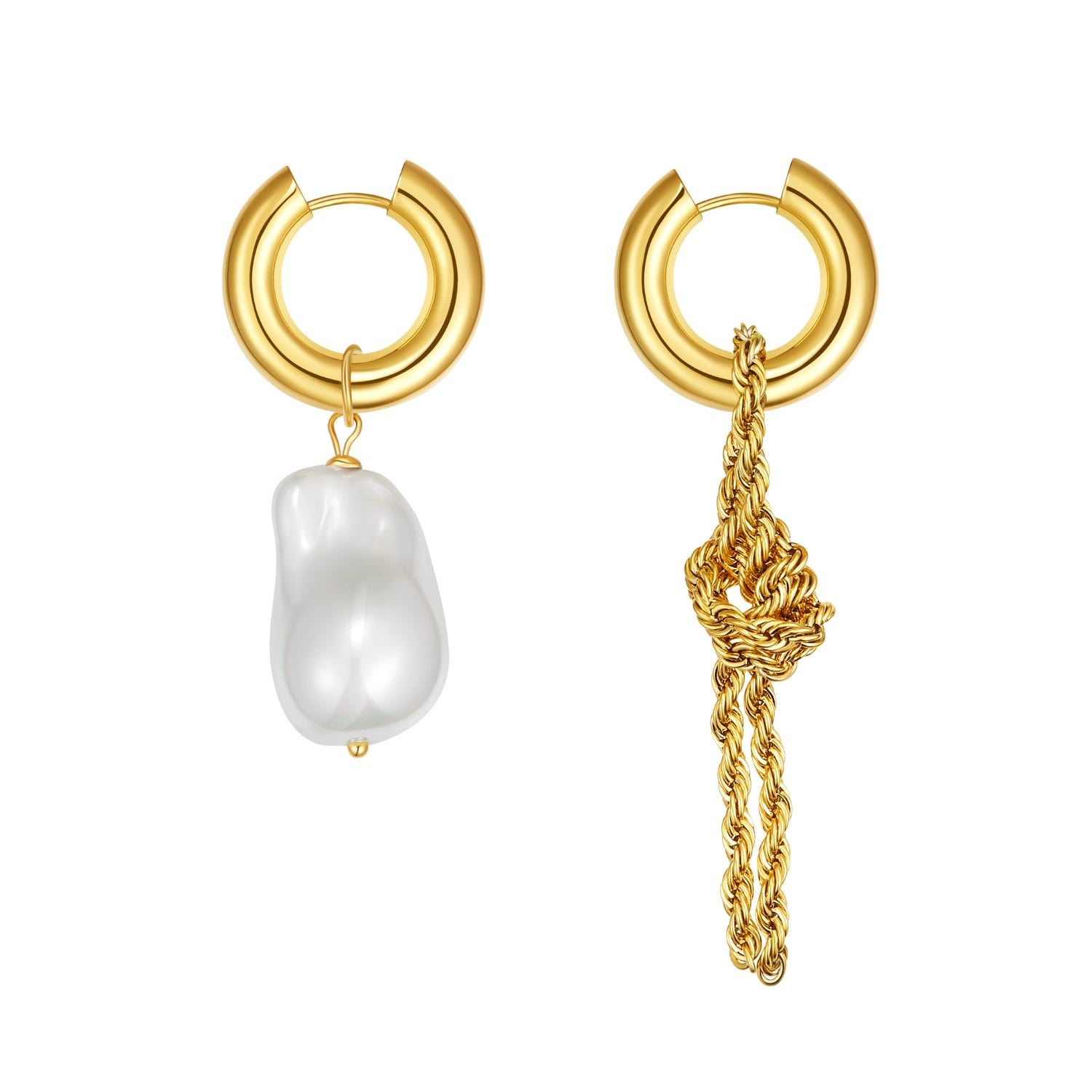 Asymmetrical Gold Rope Chain Baroque Pearl Drop Earrings