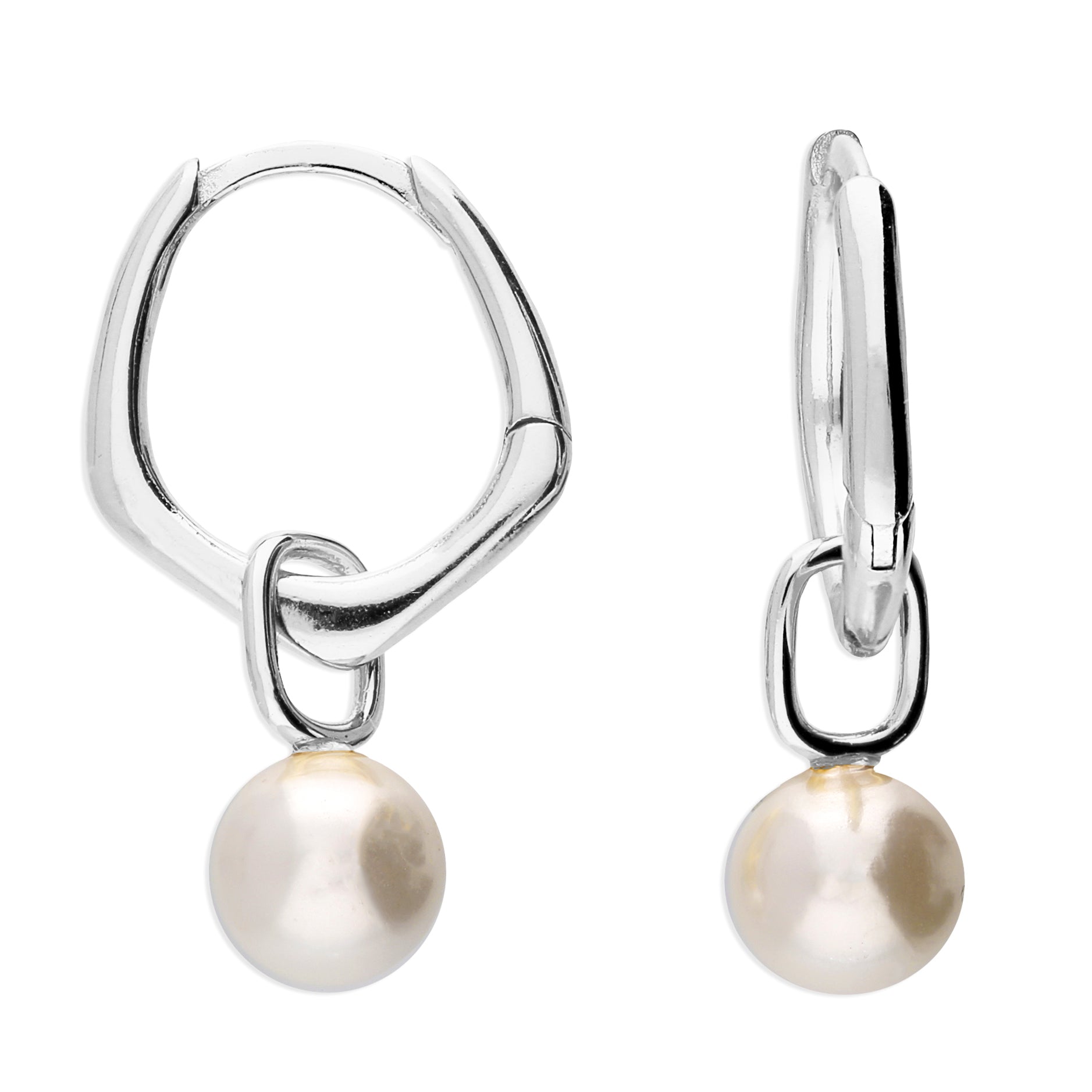 Unique Misshapen Sterling Silver Hoop Earrings With Synthetic Pearl Charm