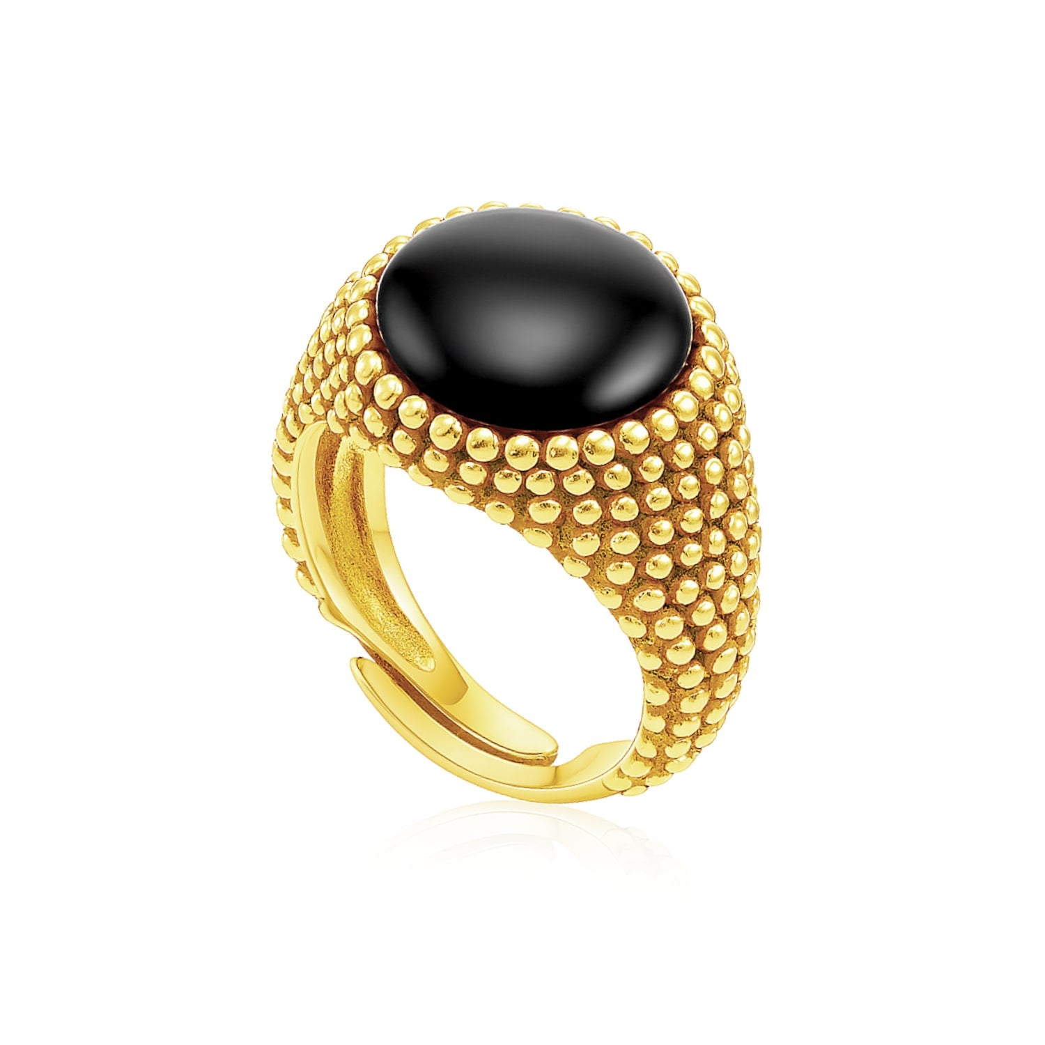Unisex Adjustable Gold Ring With Black Onyx Bold Beaded Design