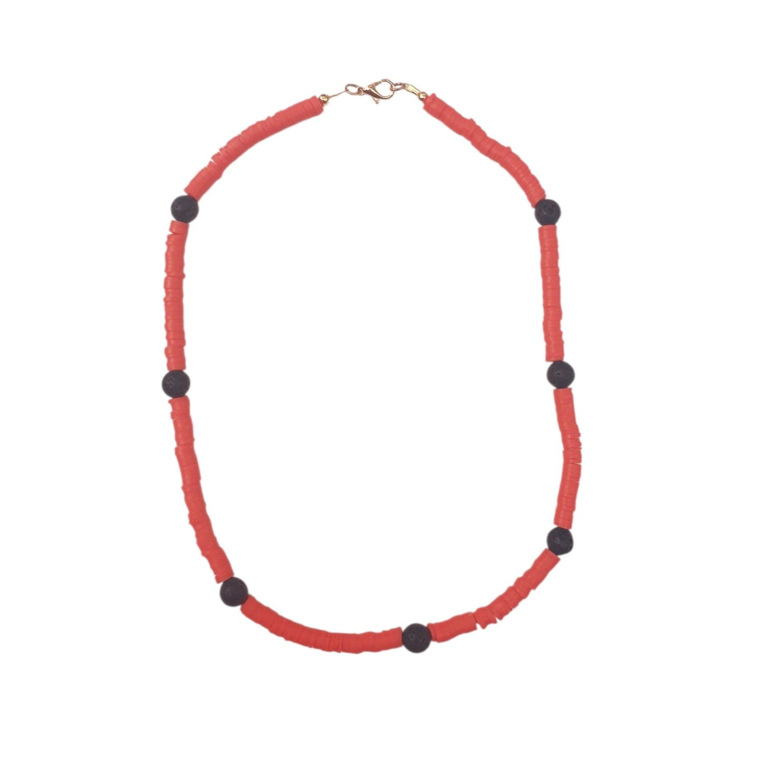 Unisex Beaded Summer Necklace – Orange Polymer With Black Lava Beads