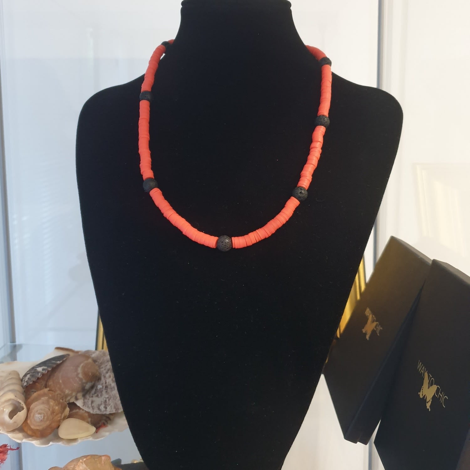 Unisex Beaded Summer Necklace – Orange Polymer With Black Lava Beads