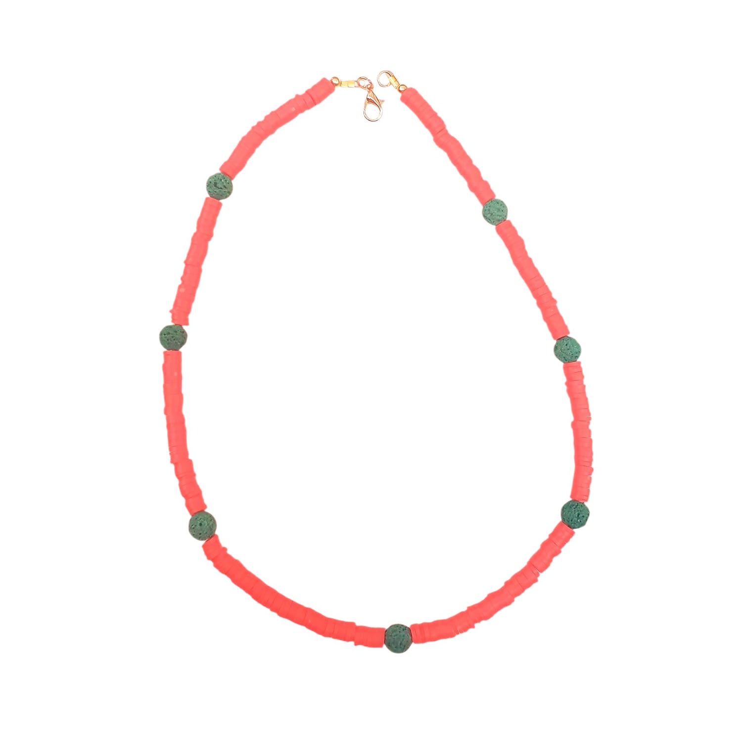 Unisex Beaded Summer Necklace – Orange Polymer With Green Lava Beads