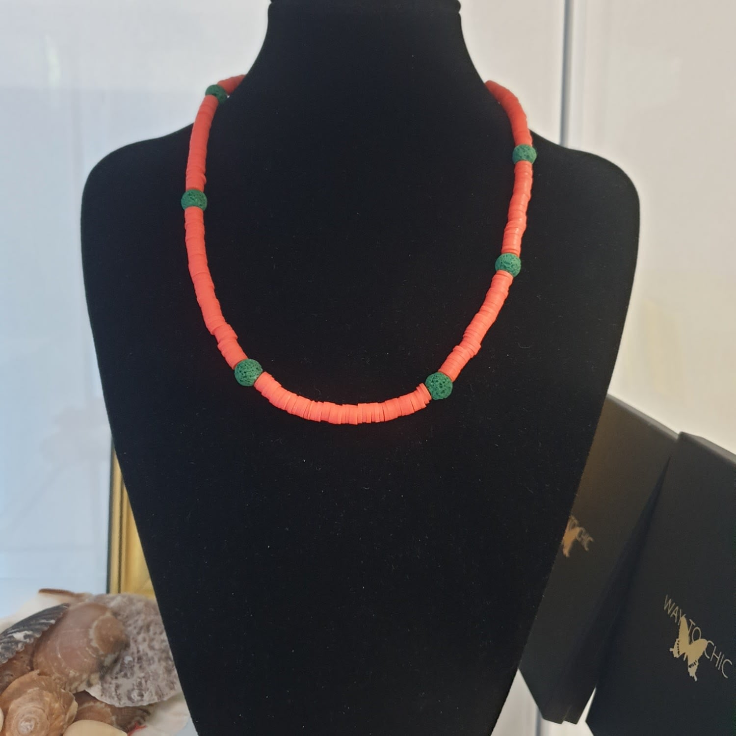 Unisex Beaded Summer Necklace – Orange Polymer With Green Lava Beads