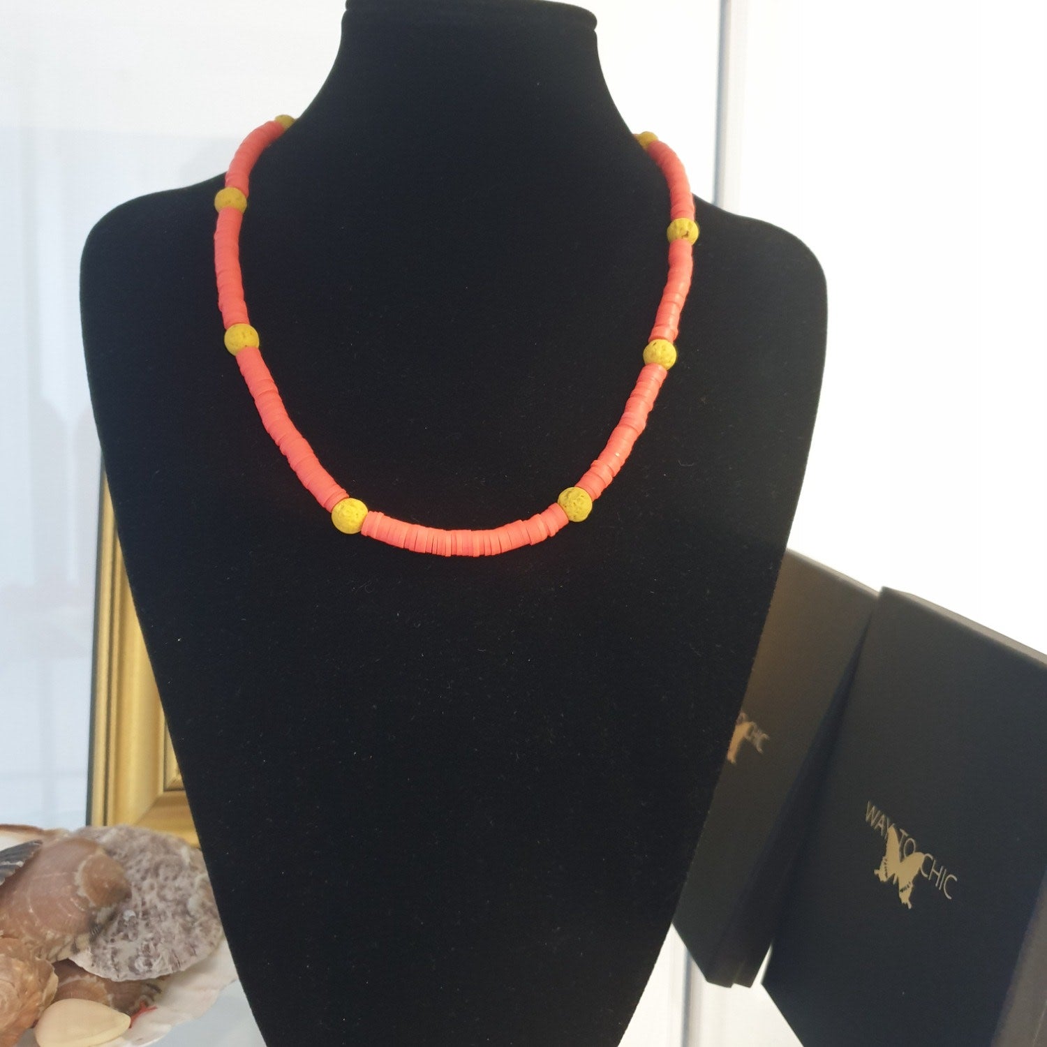 Unisex Beaded Summer Necklace – Orange Polymer With Yellow Lava Beads