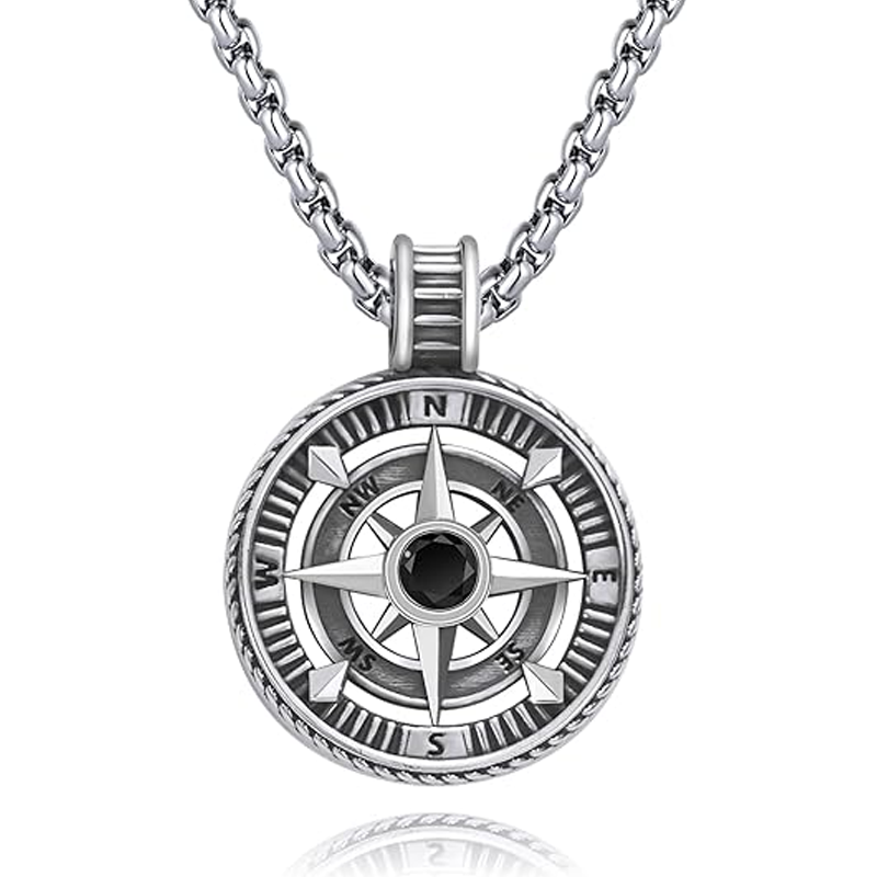 Unisex Sterling Silver Compass Pendant Necklace