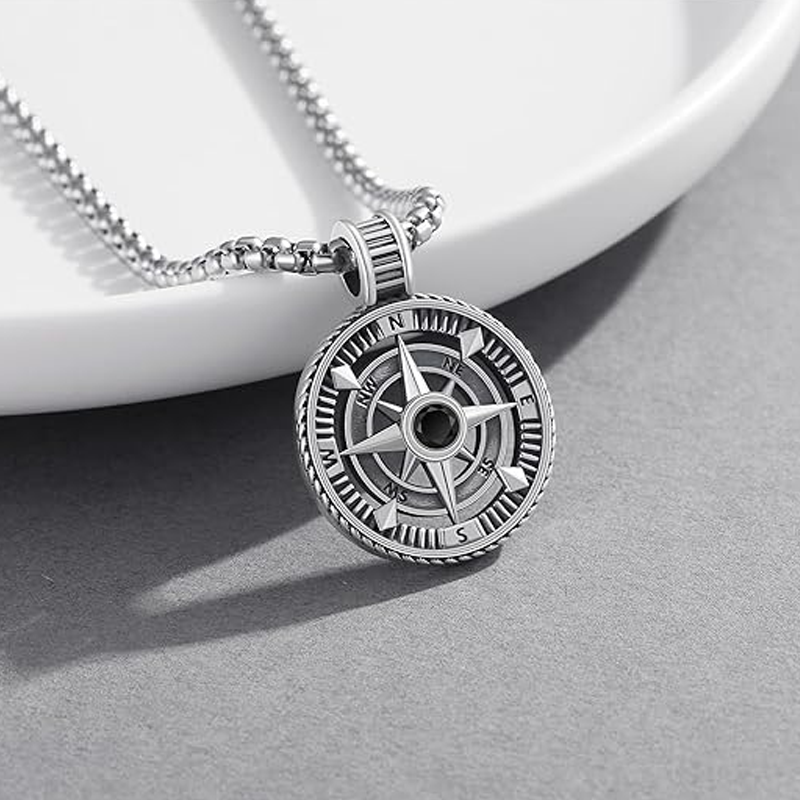 Unisex Sterling Silver Compass Pendant Necklace