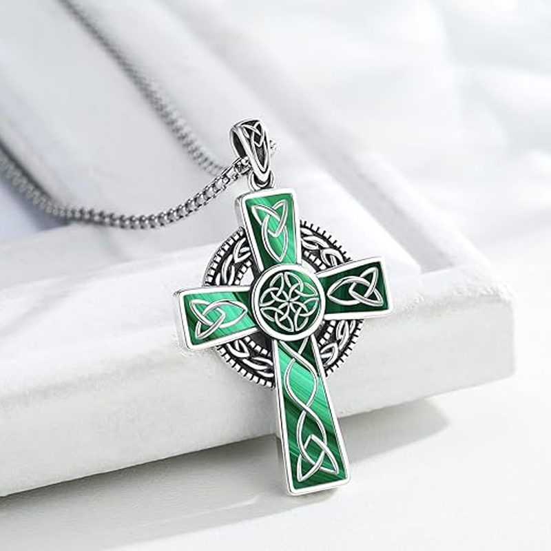 Unisex Sterling Silver Malachite Celtic Knot & Cross Pendant Necklace