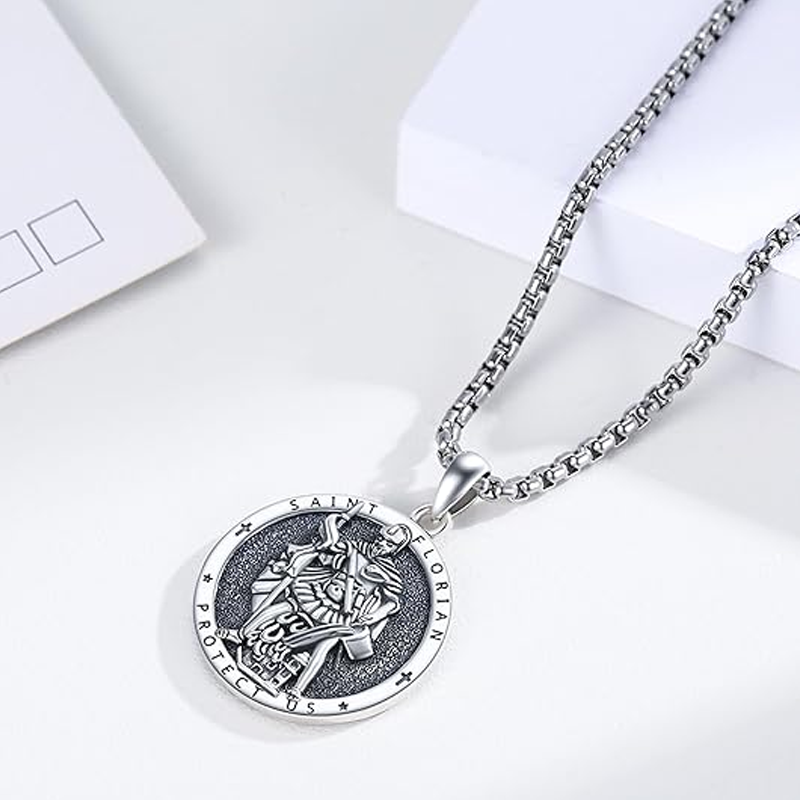 Unisex Sterling Silver Saint Florian Pendant Necklace