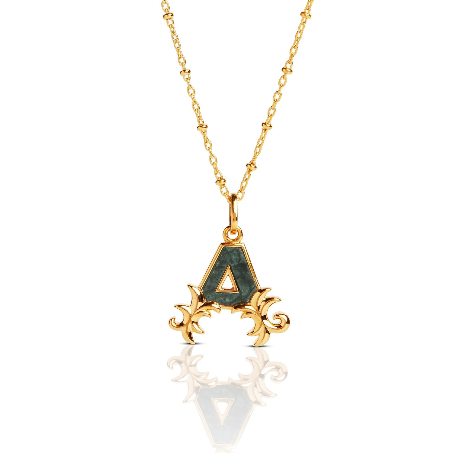 Gold Plated A Initial Necklace With Green Marble