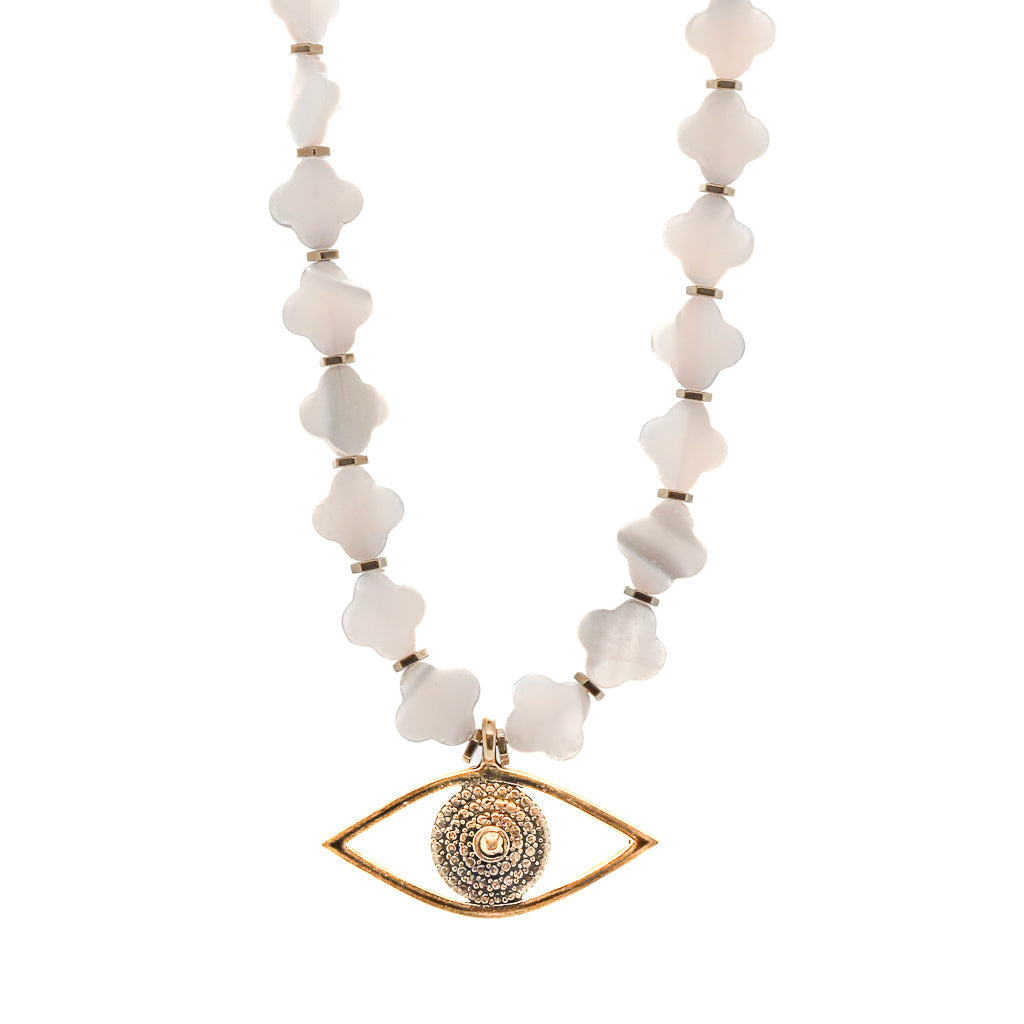 Evil Eye Pendant Pearl Clover Beaded Protection Necklace - White