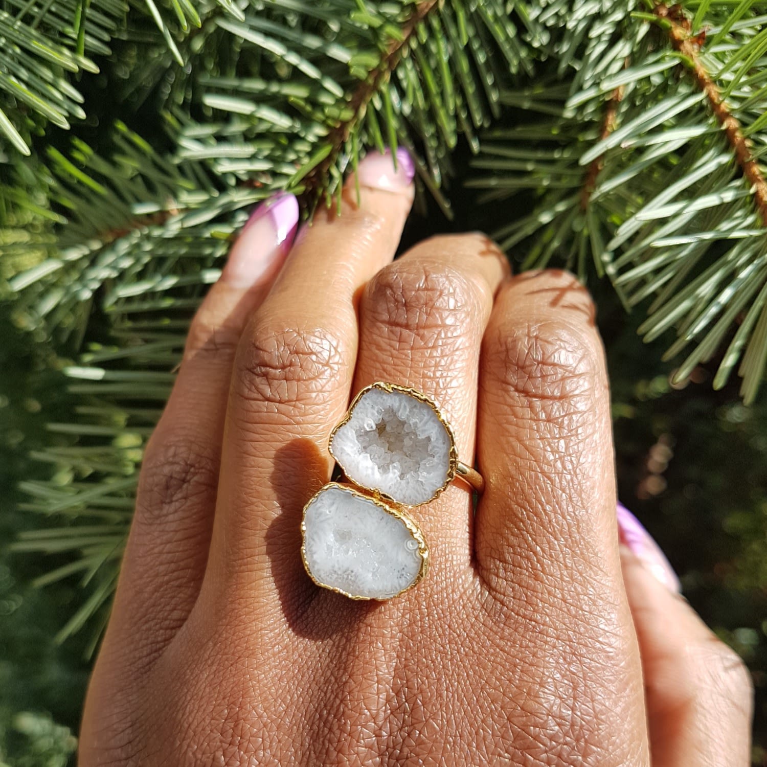 White Grey Duo Crystal Adjustable Gold Ring