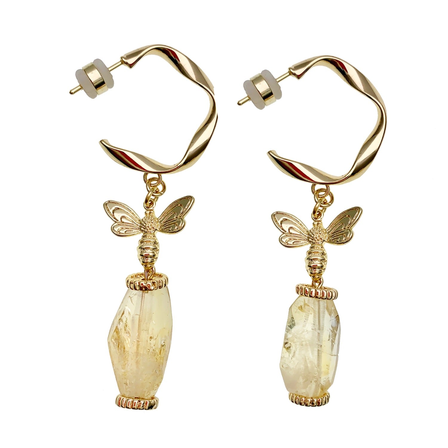 Citrine With Bee Charm Hook Earrings