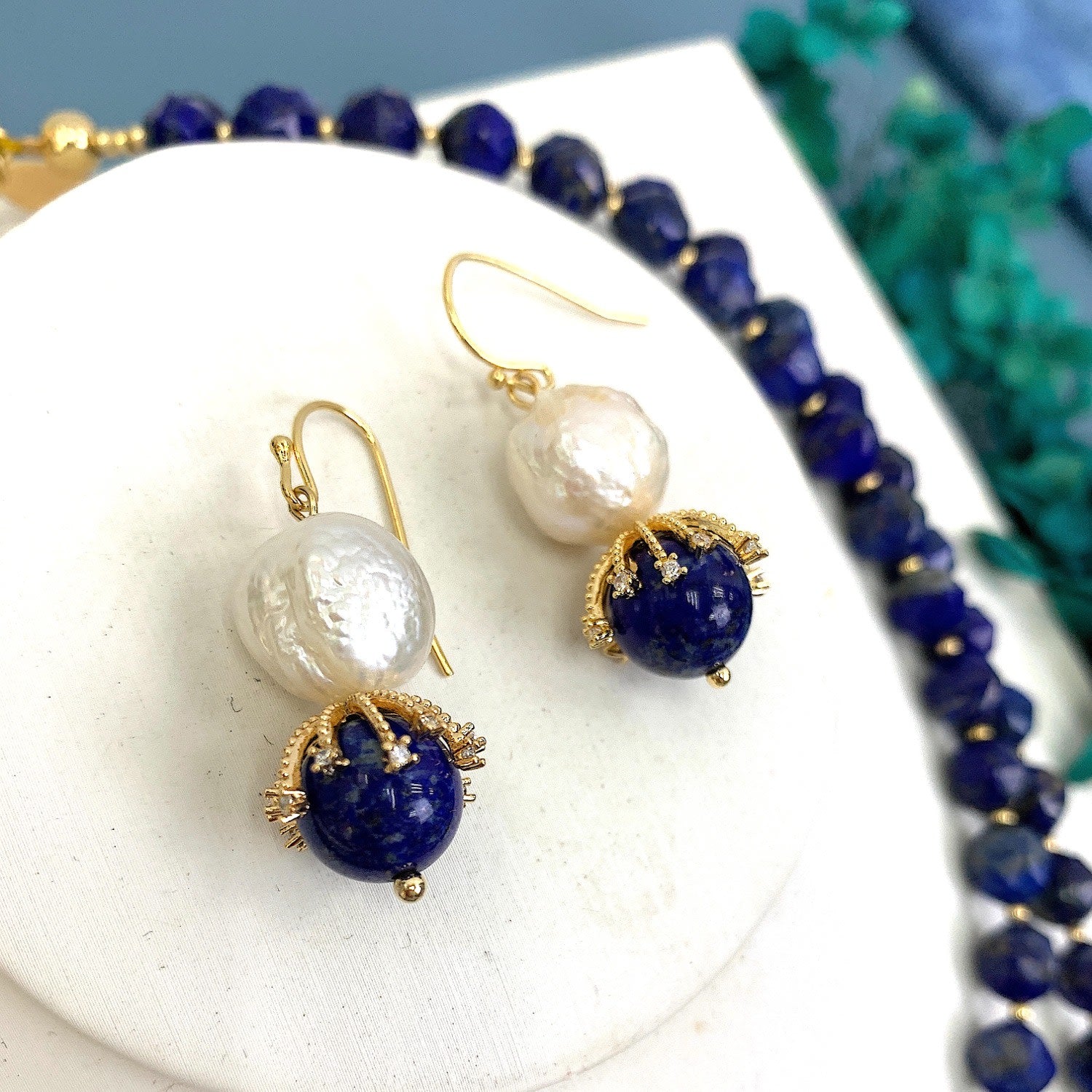 Freshwater Pearl With Blue Aventurine Dangle Earrings