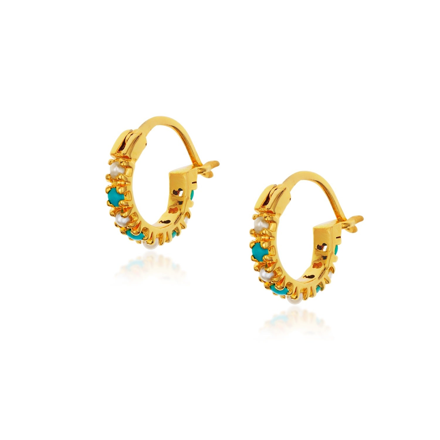 14K Gold Plated Hoops -Turquoise And Pearls