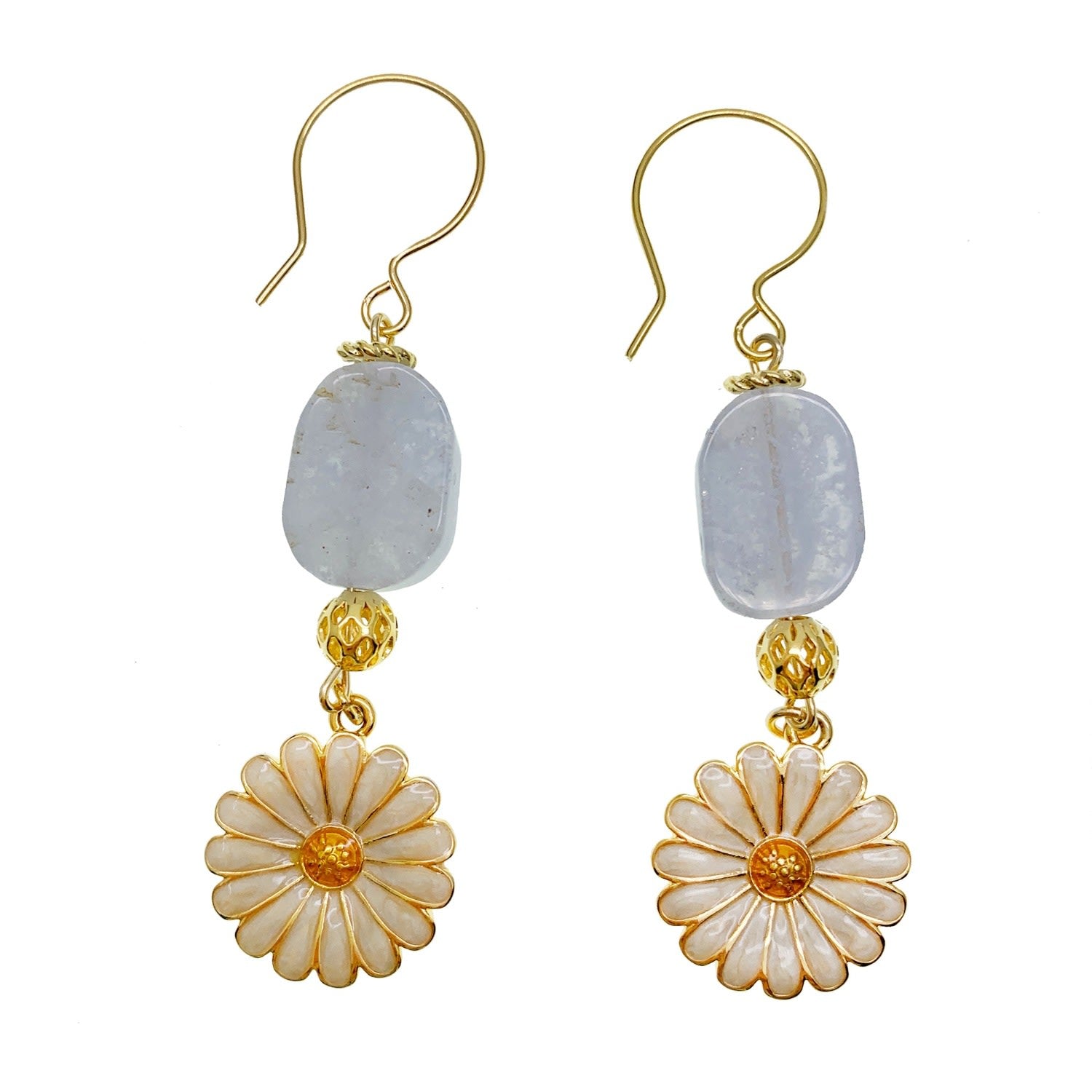 Blue Lace Agate Sunflower Dangle Hook Earrings