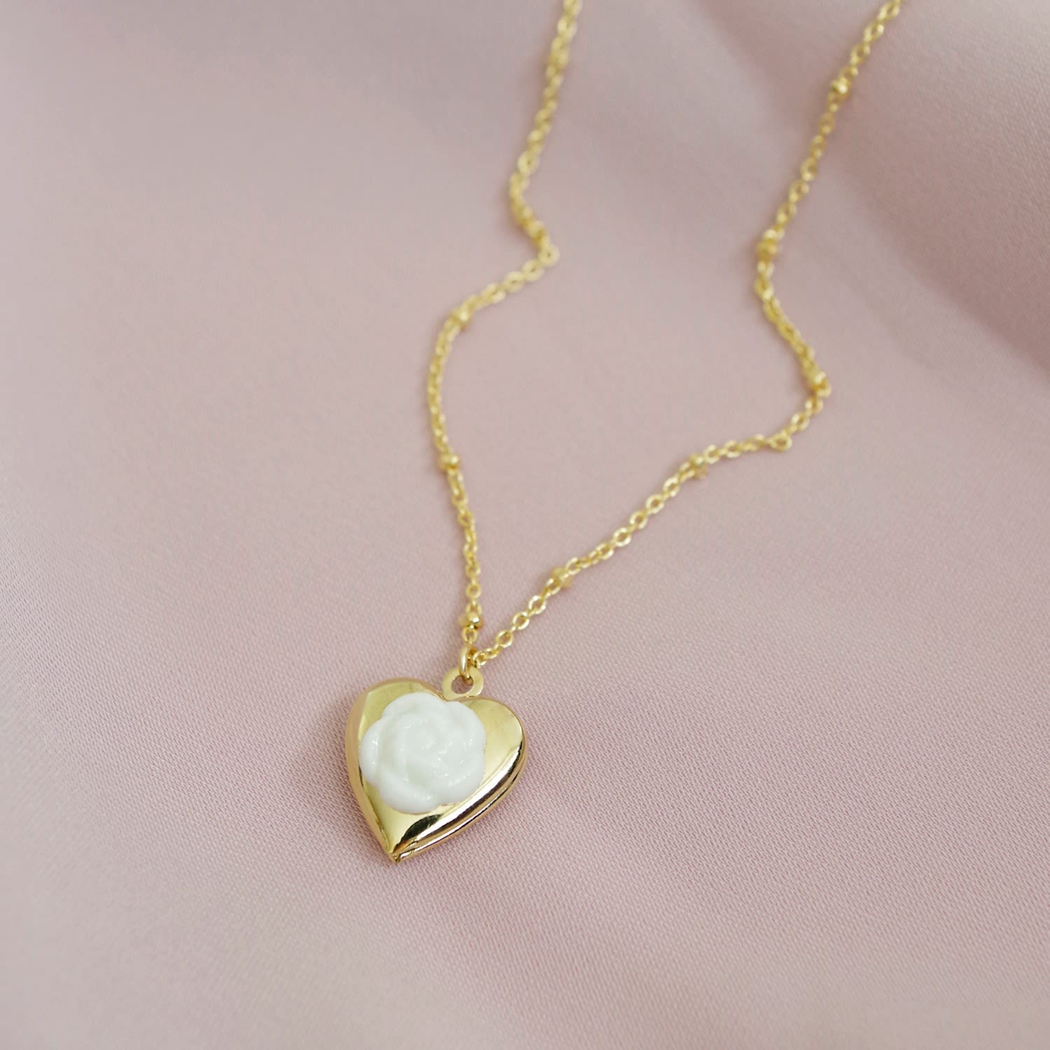 Mini Camellia Heart Locket Pendant Necklace