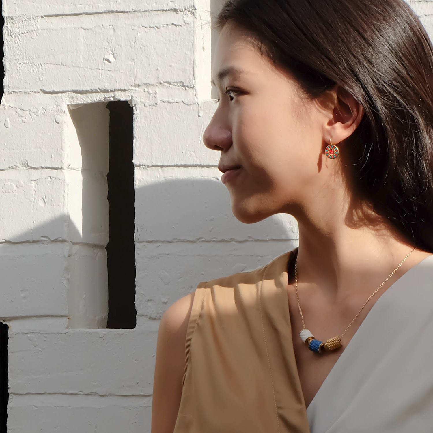 Striped Medallion Drop Earrings - Scarlet
