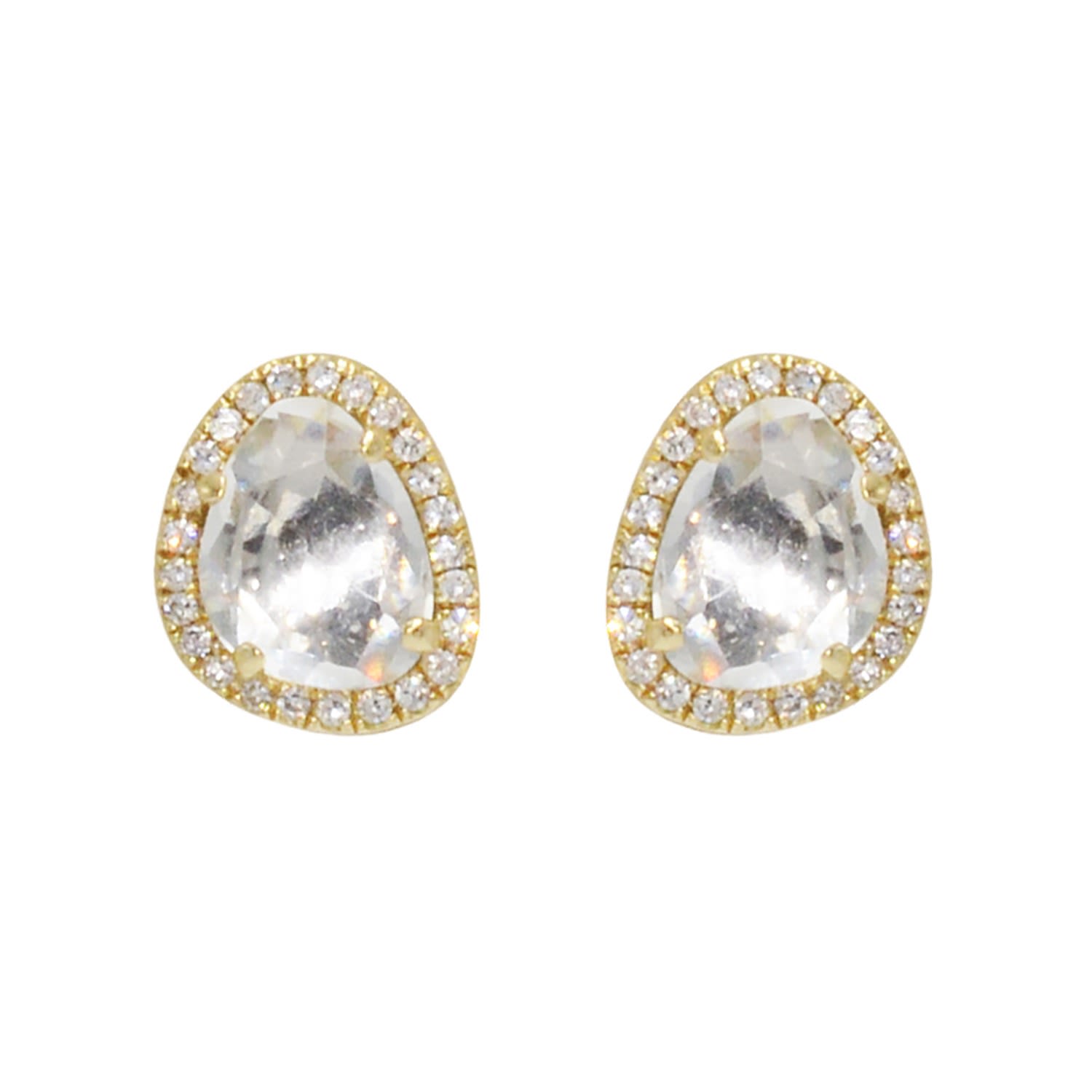 White Topaz Pebble Studs With Diamonds In Yellow Gold
