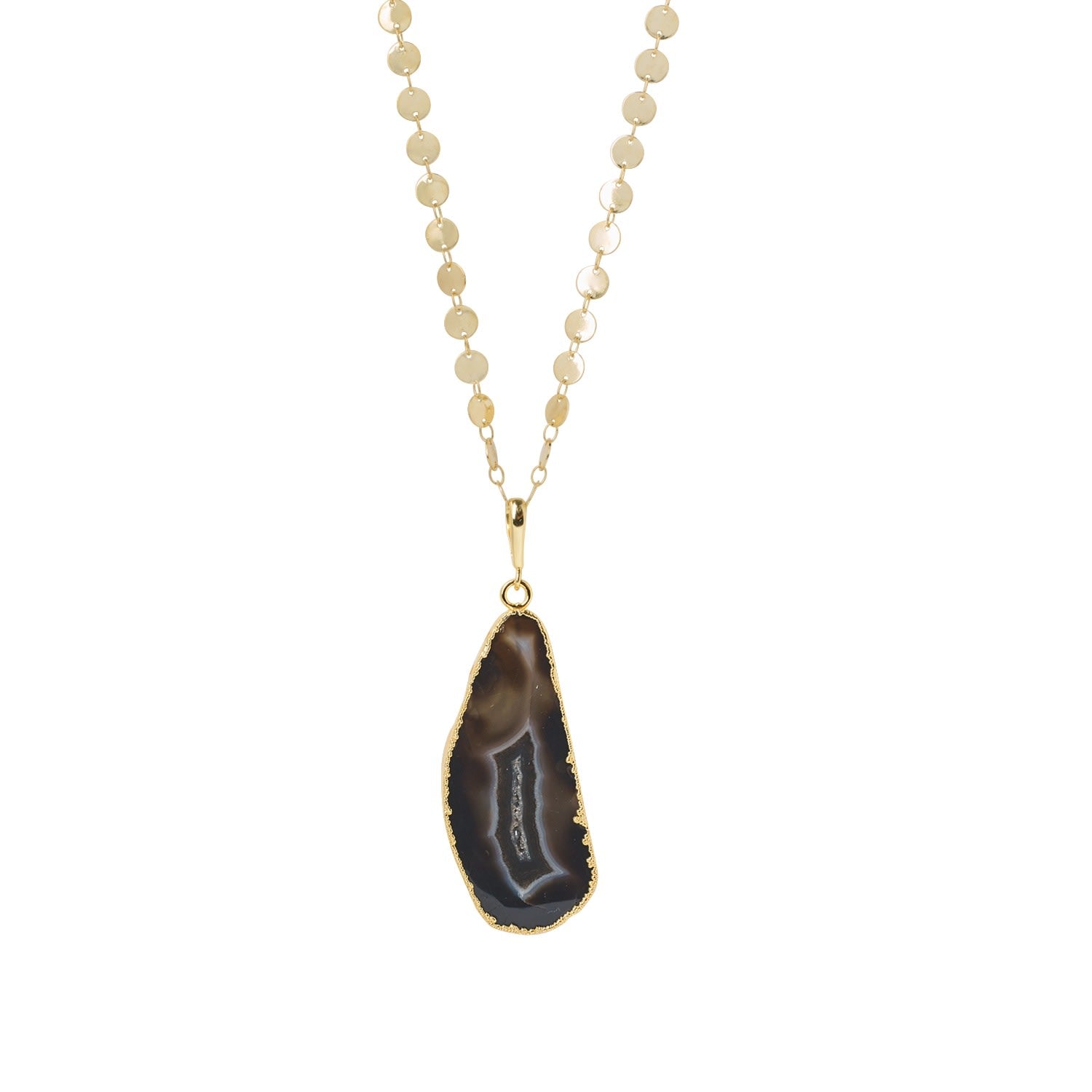 Ultra Black Grey Agate Super-Long Gold Pendant Necklace