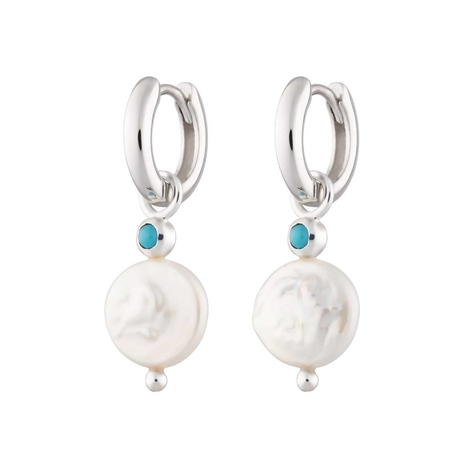 Silver Pearl & Turquoise Charm Hoop Earrings
