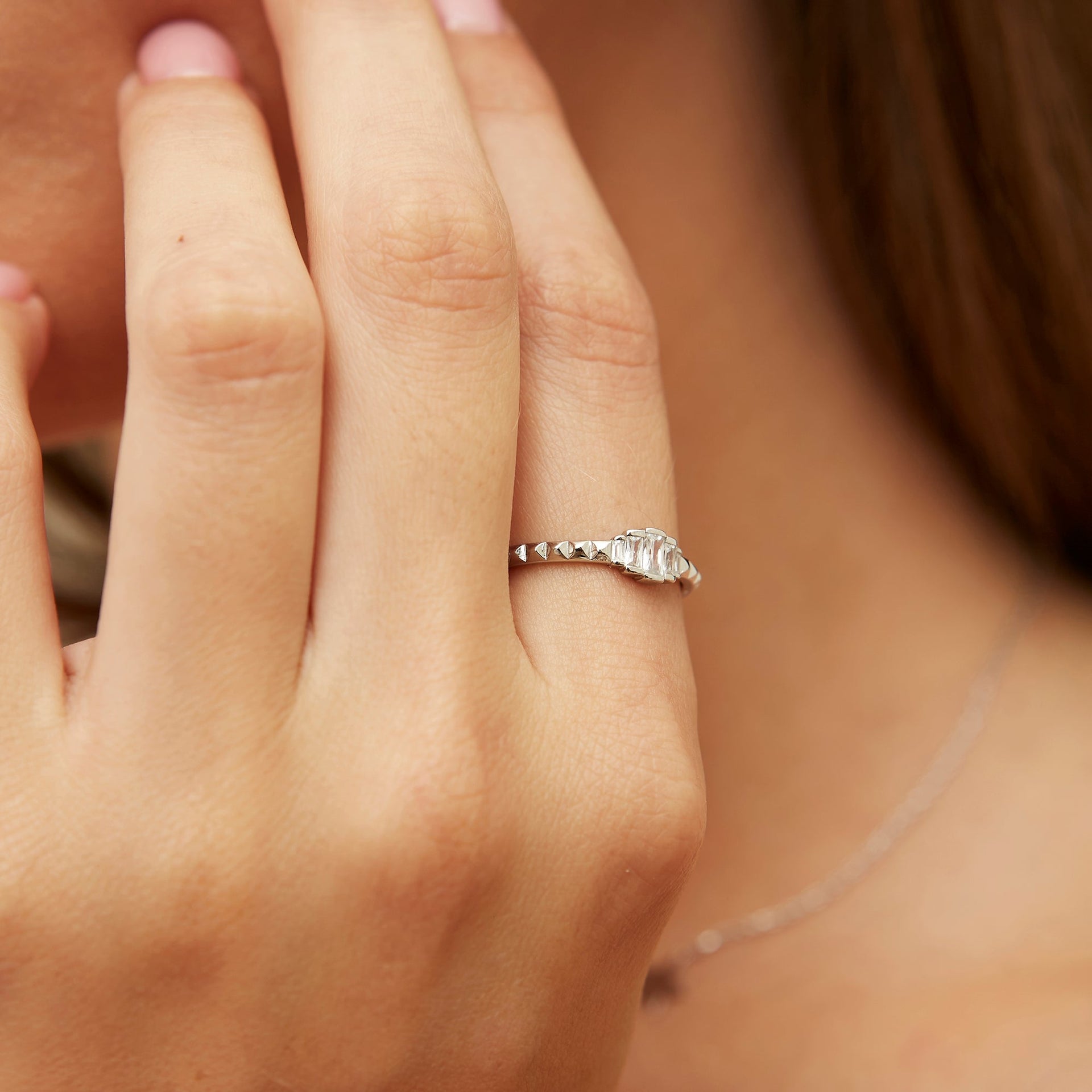 Three Baugette Gemstone Sterling Silver Ring - Silver