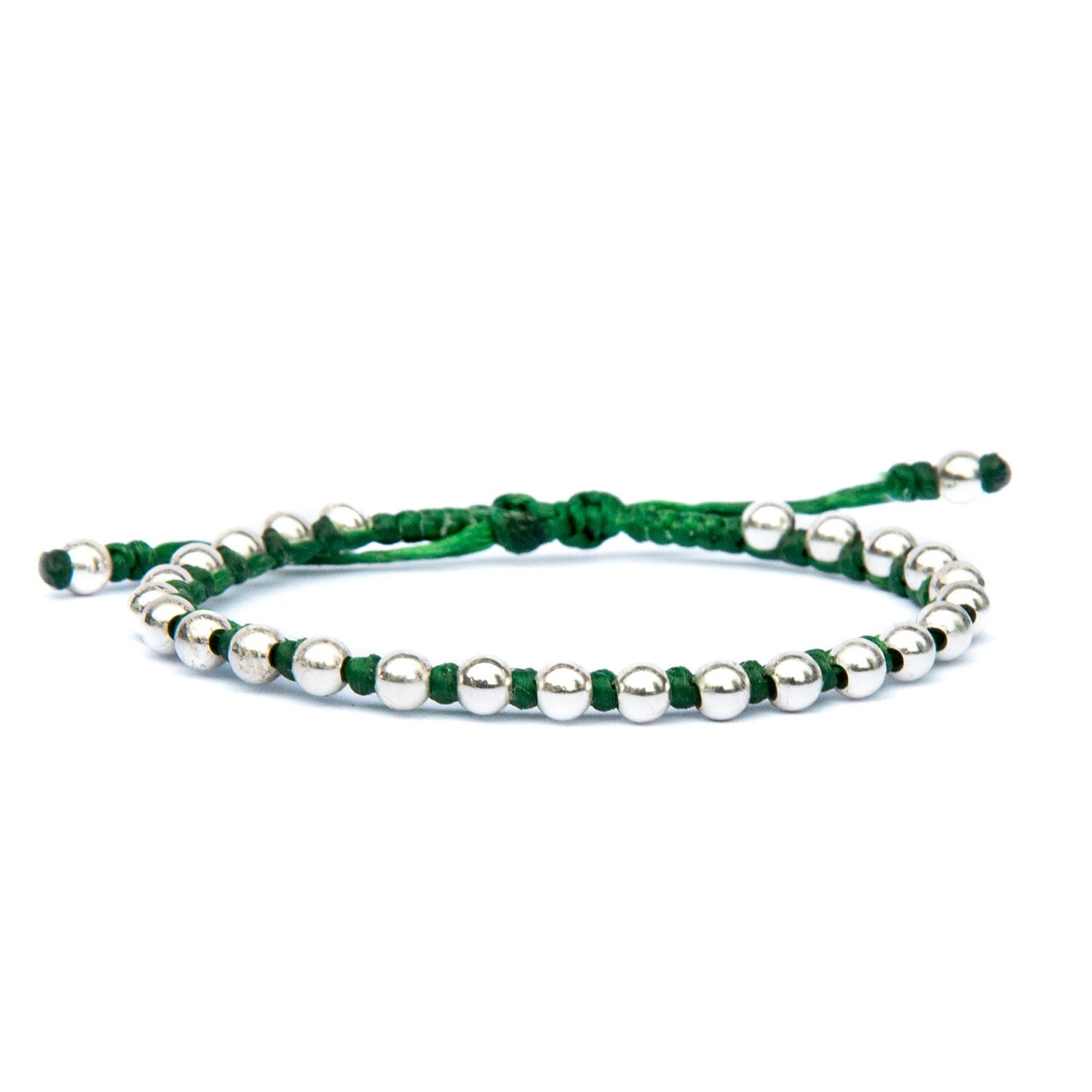 Women Delicate Green Rope Friendship Bracelet With Sterling Silver Beads - Green