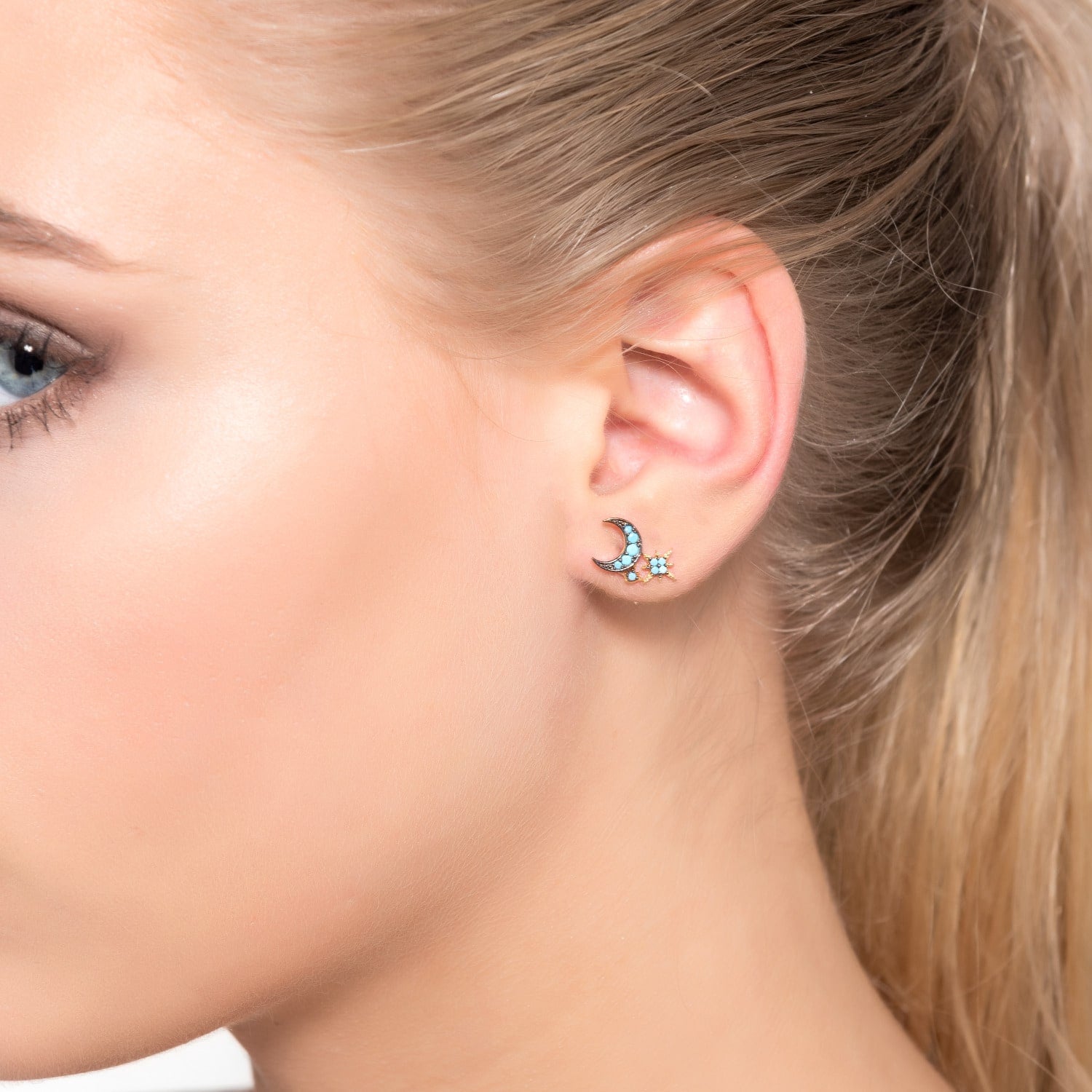 Moon & Starburst Small Stud Earrings Turquoise