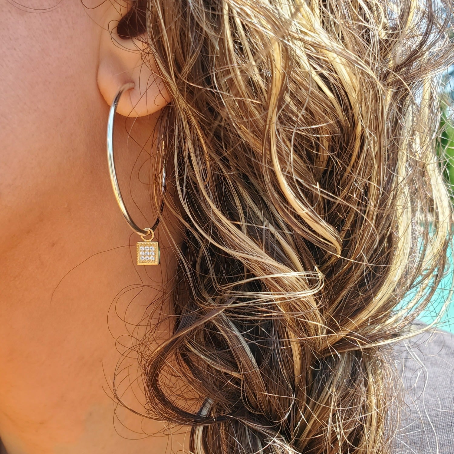 Single Earring Square Cz Charm - Gold