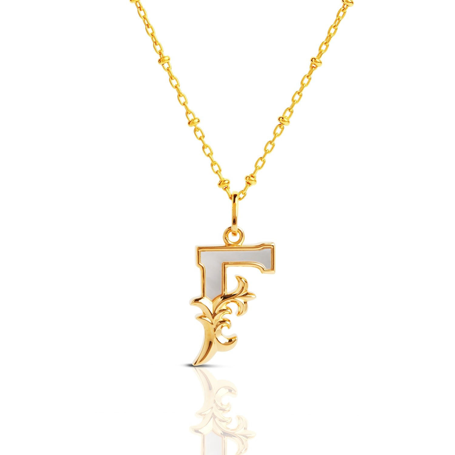 Gold Plated F Initial Necklace With Mother Of Pearl