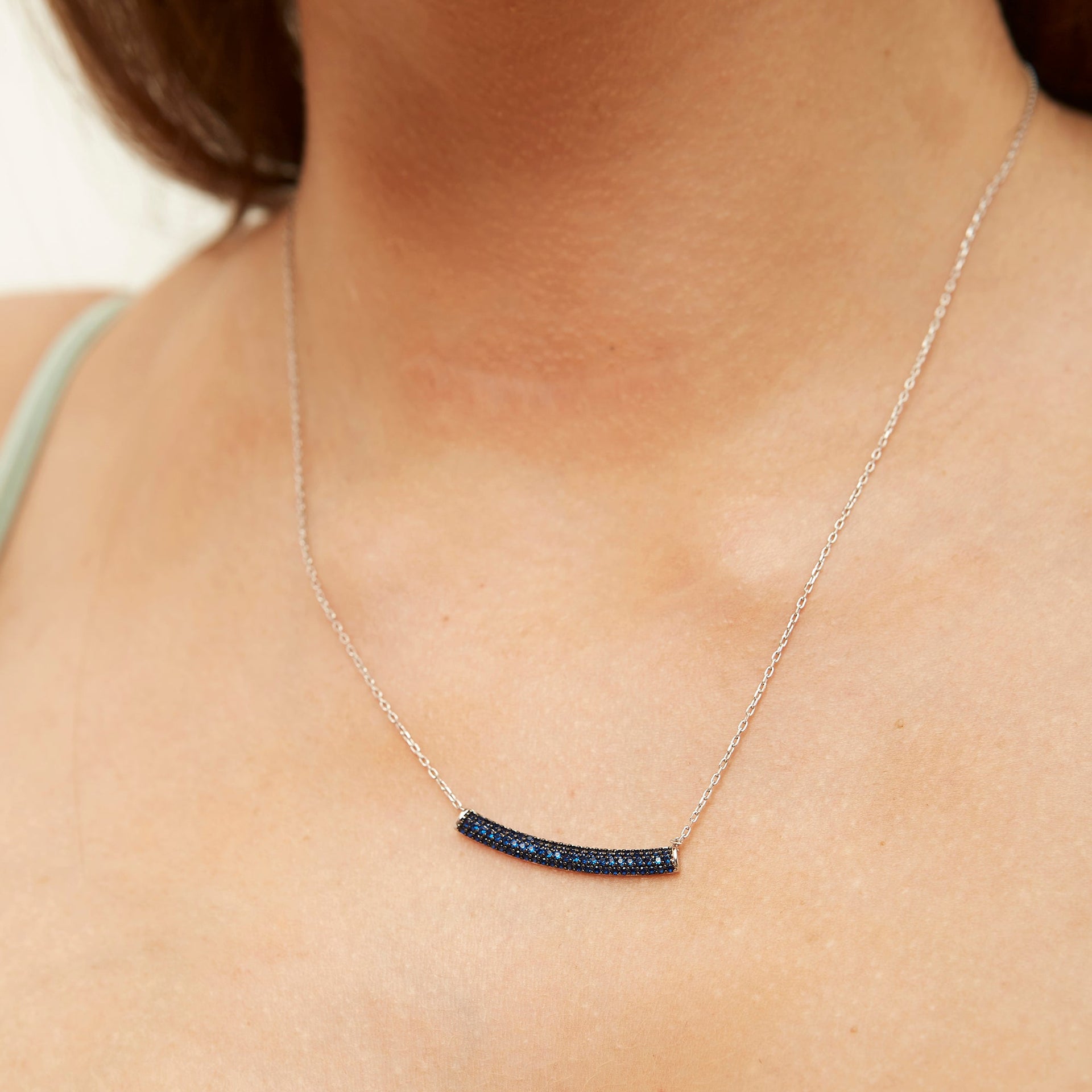Sterling Silver Concave Bar Necklace - Navy Blue - Silver