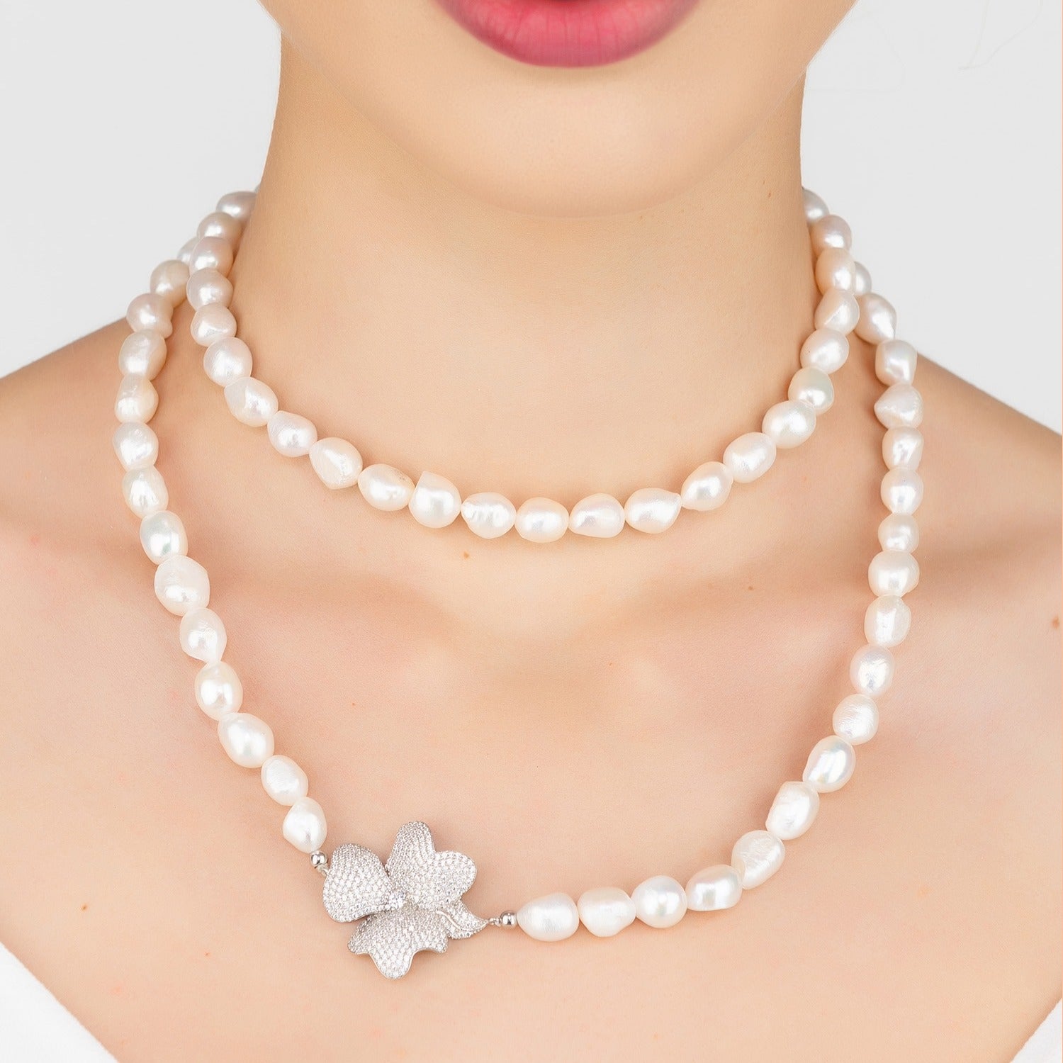 Flower Pearl Gemstone Long Necklace White Cz Silver