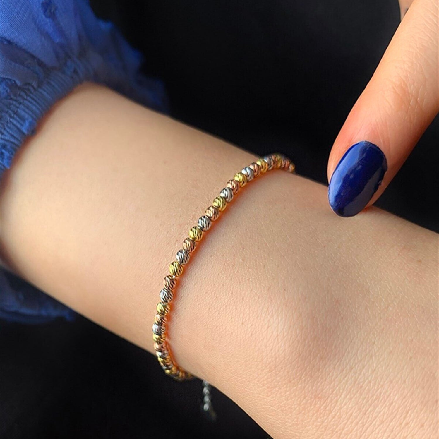 Beaded Three Color Gold Rose Gold Sterling Silver Handmade Bracelet