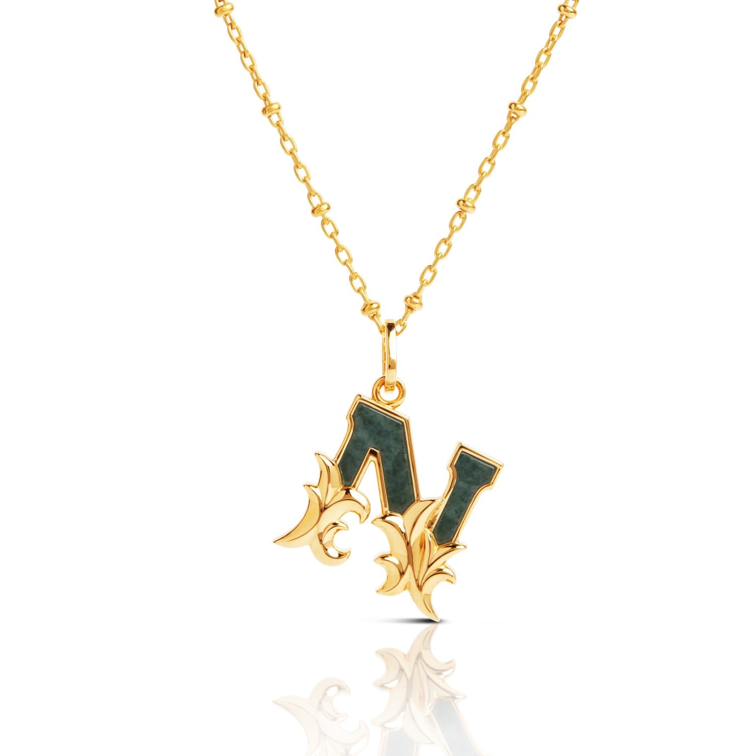 Gold Plated N Initial Necklace With Green Marble