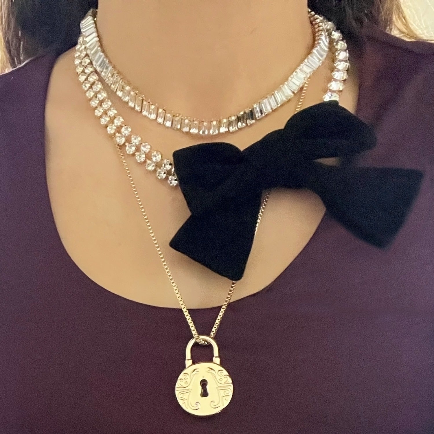 Velvet Bow Rhinestone Chain Necklace