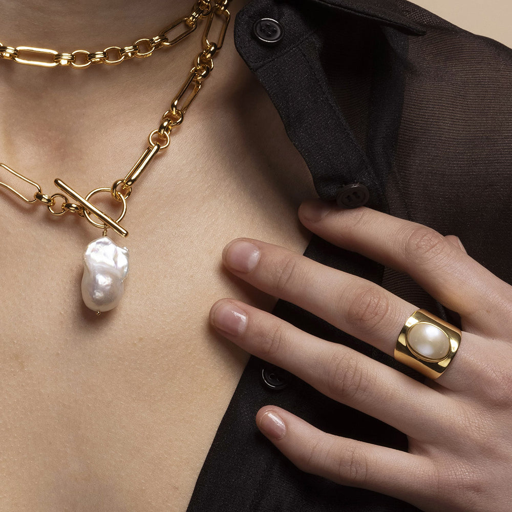 Venus White Pearl Gold Statement Ring