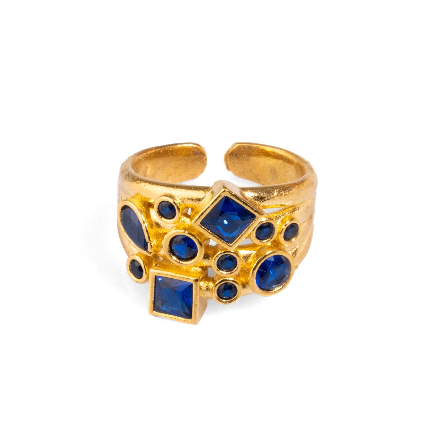 Sapphire Stone Design & Gold Adjustable Statement Ring - Blue