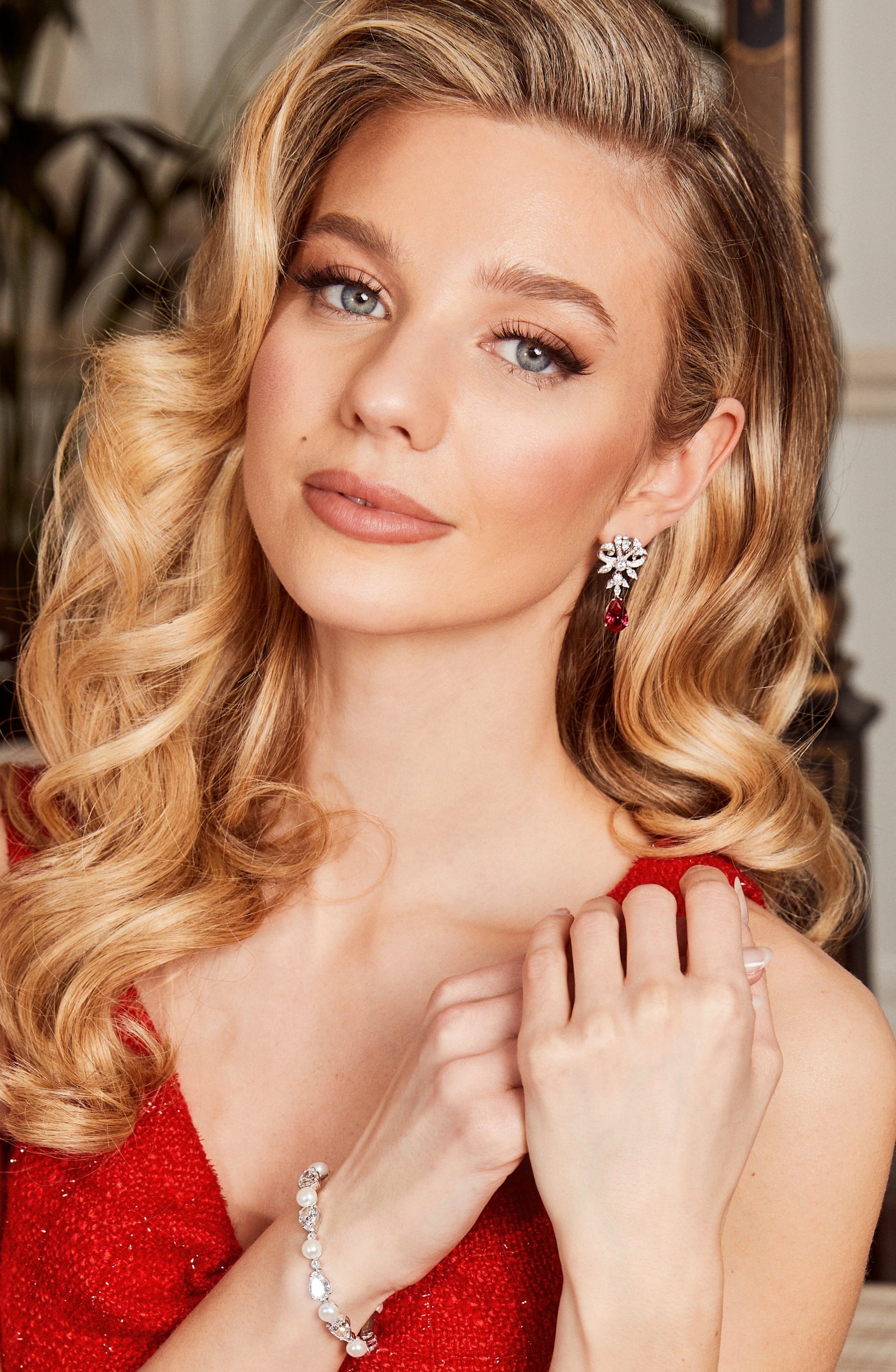 Versailles Silver Drop Earrings With Red Crystal