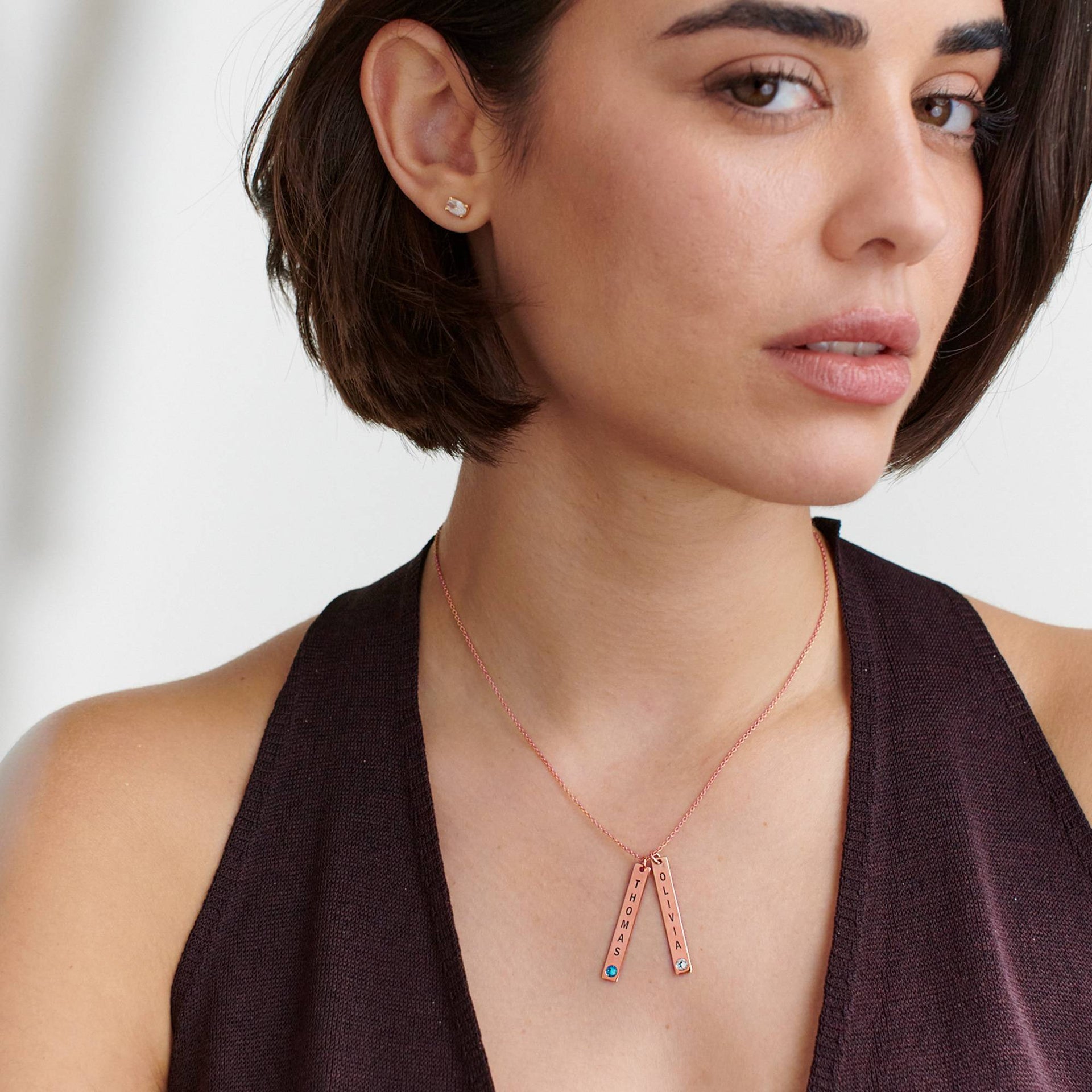 Mothers Gifts - Vertical Bar Necklace with Birthstone in Rose Gold Plating - Necklace for Mom